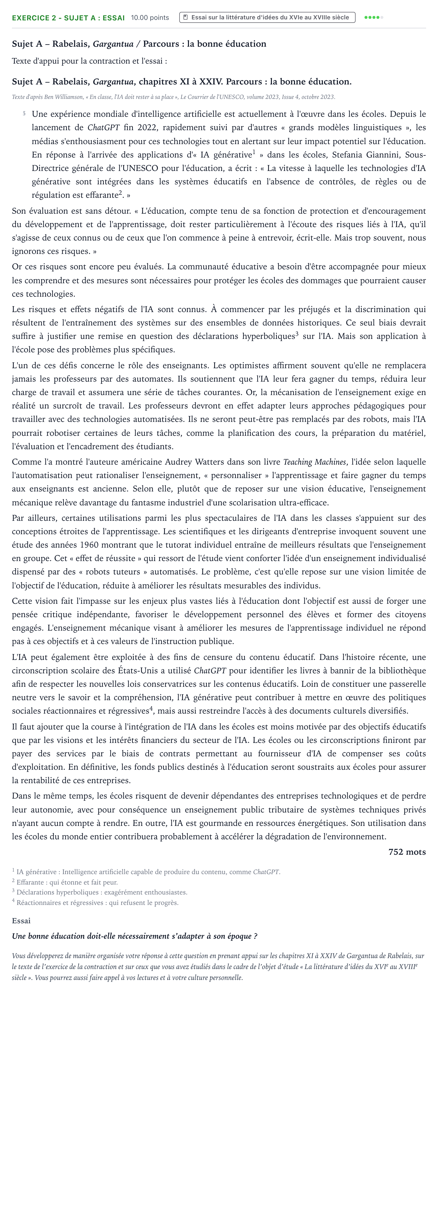 Énoncé: Exercice 2 - Sujet A : Essai · Bac STMG Français Antilles-Guyane remplacement 2025