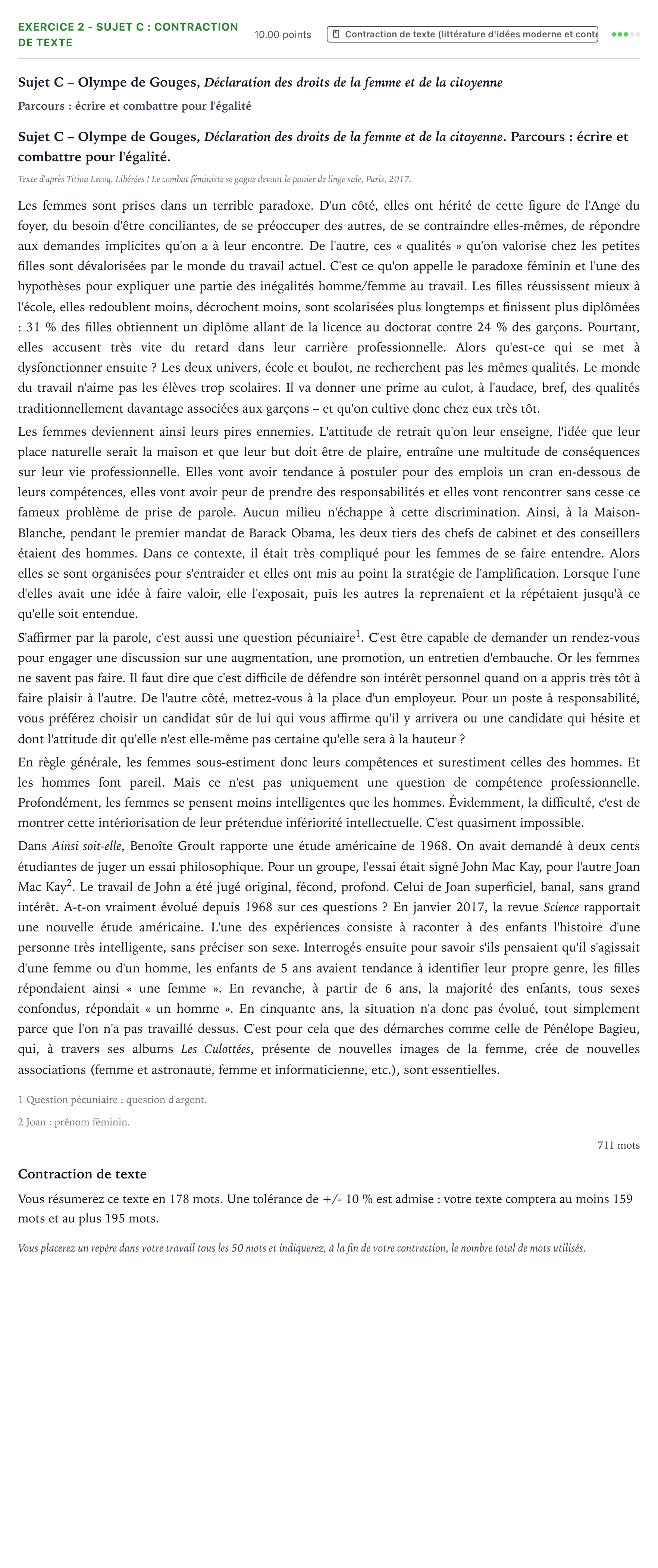 Énoncé: Exercice 2 - Sujet C : Contraction de texte · Bac STMG Français Antilles-Guyane remplacement 2025
