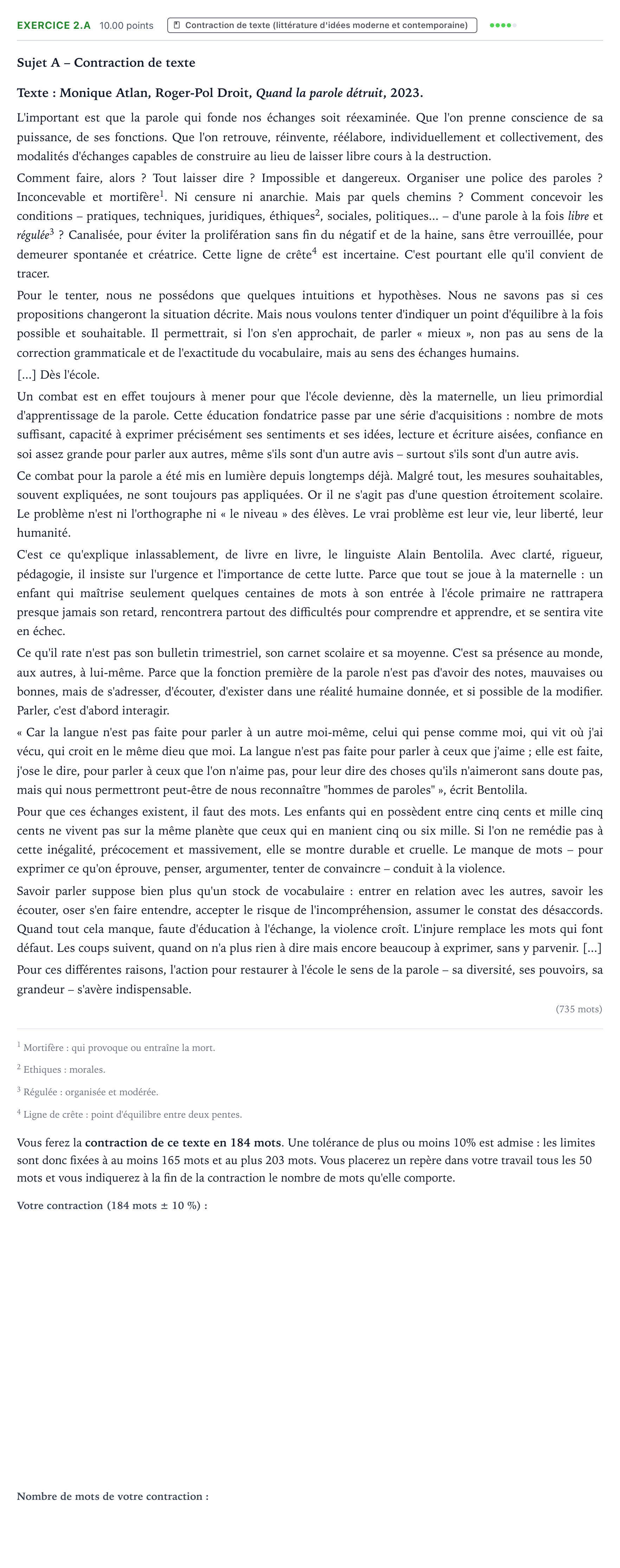 Énoncé: Exercice 2.A - Contraction de texte · Bac STMG Français Asie session normale 2025