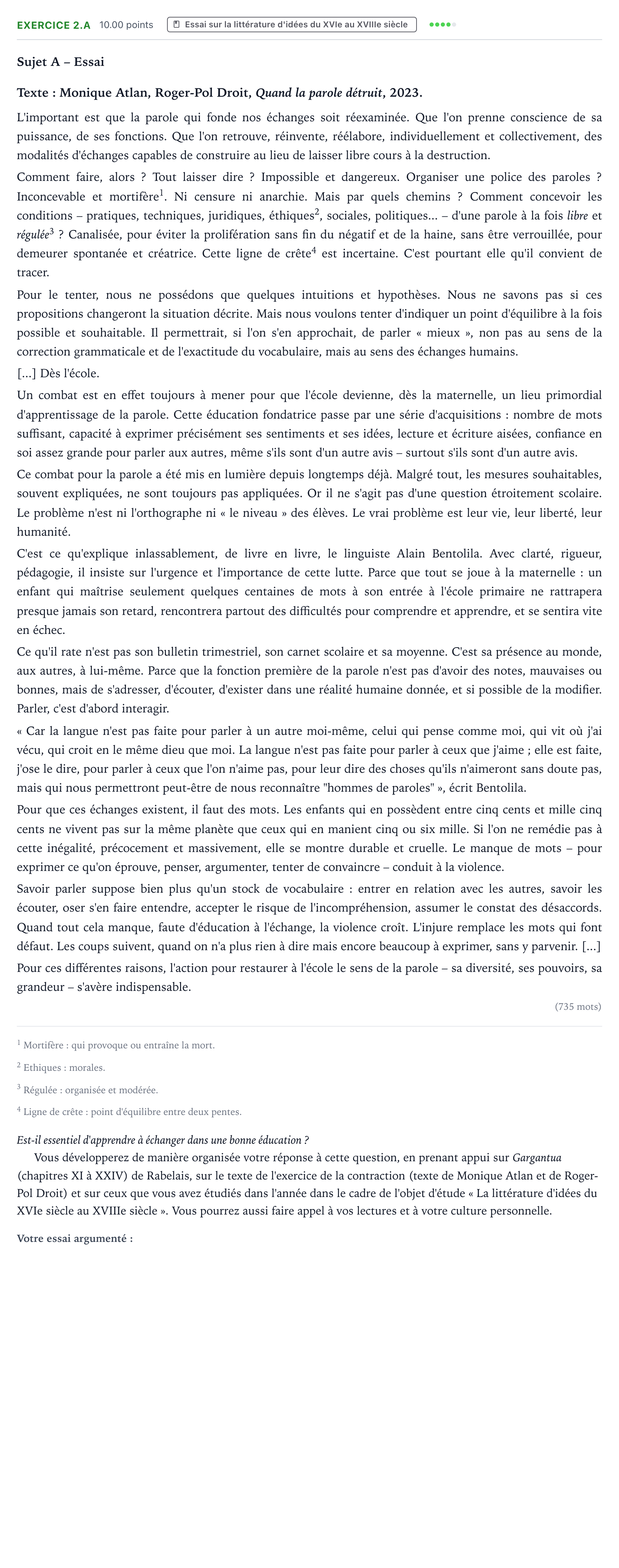 Énoncé: Exercice 2.A - Essai · Bac STMG Français Asie session normale 2025