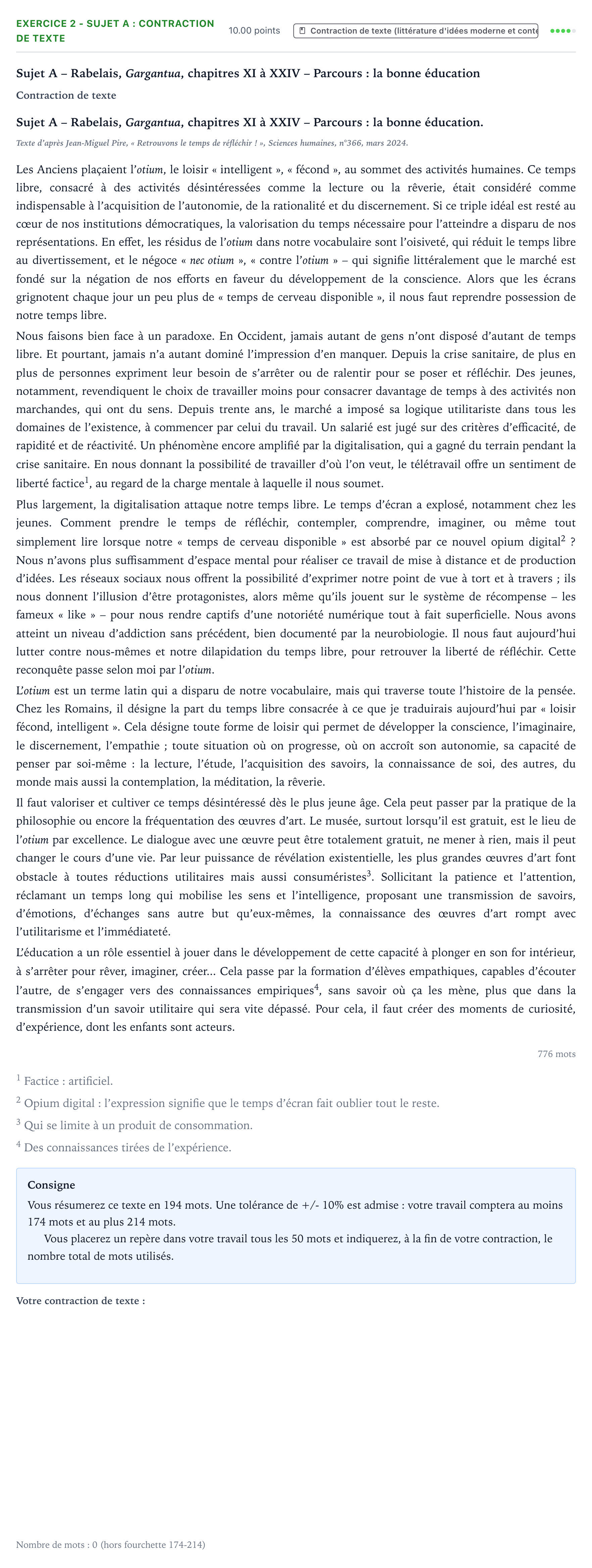 Énoncé: Exercice 2 - Sujet A : Contraction de texte · Bac STMG Français Métropole remplacement 2025