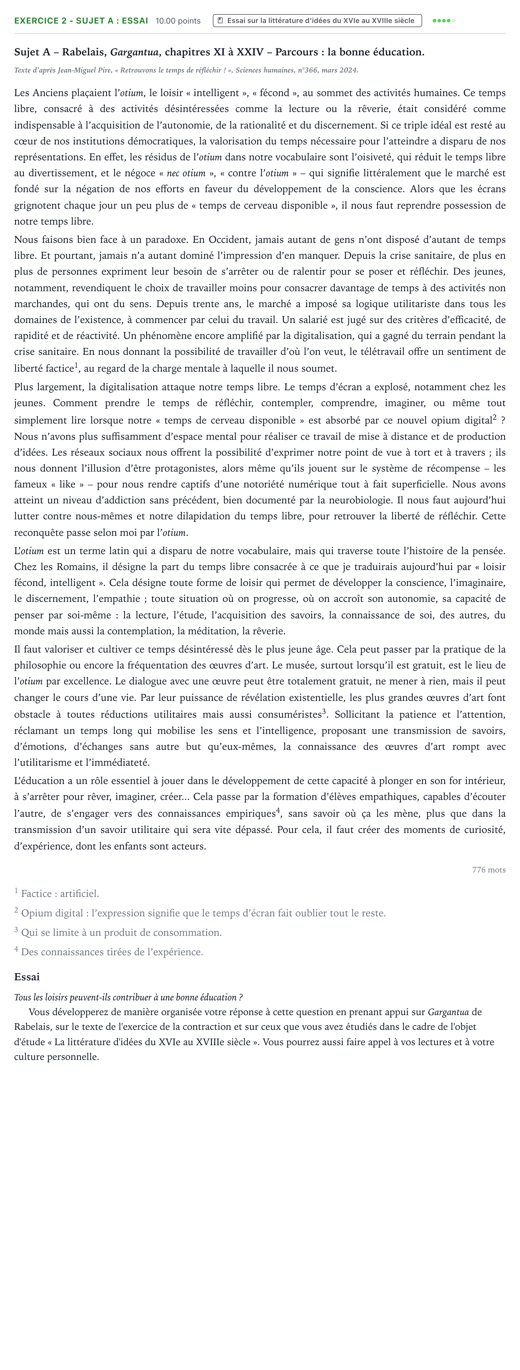 Énoncé: Exercice 2 - Sujet A : Essai · Bac STMG Français Métropole remplacement 2025