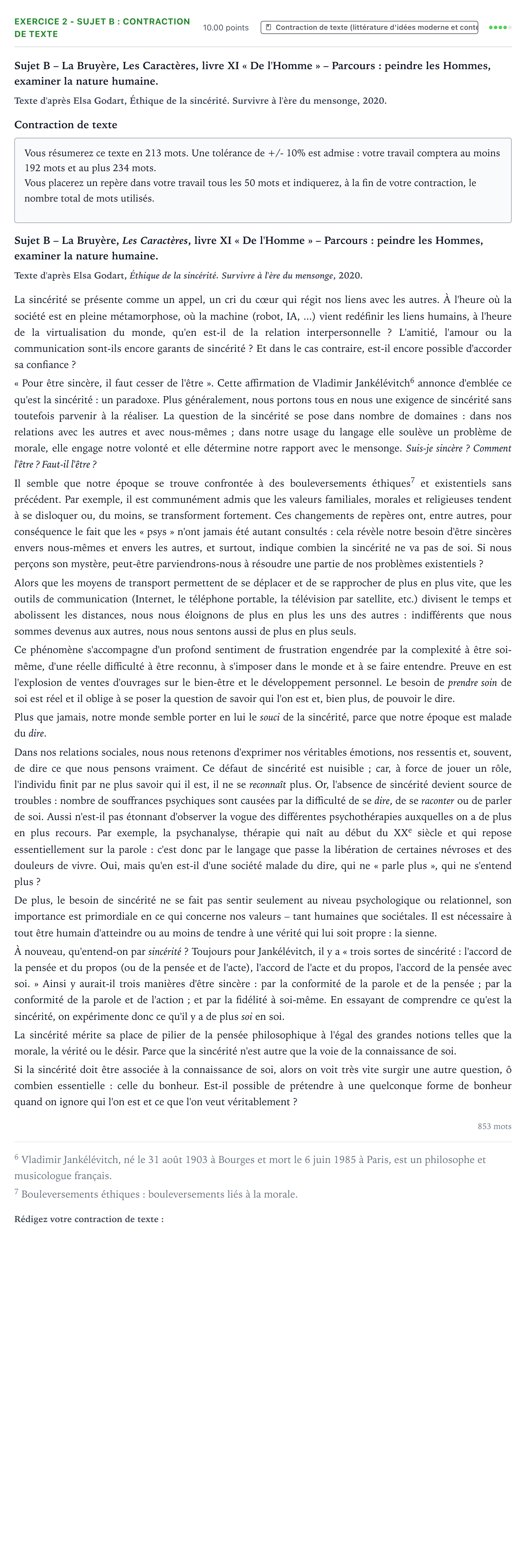 Énoncé: Exercice 2 - Sujet B : Contraction de texte · Bac STMG Français Métropole remplacement 2025