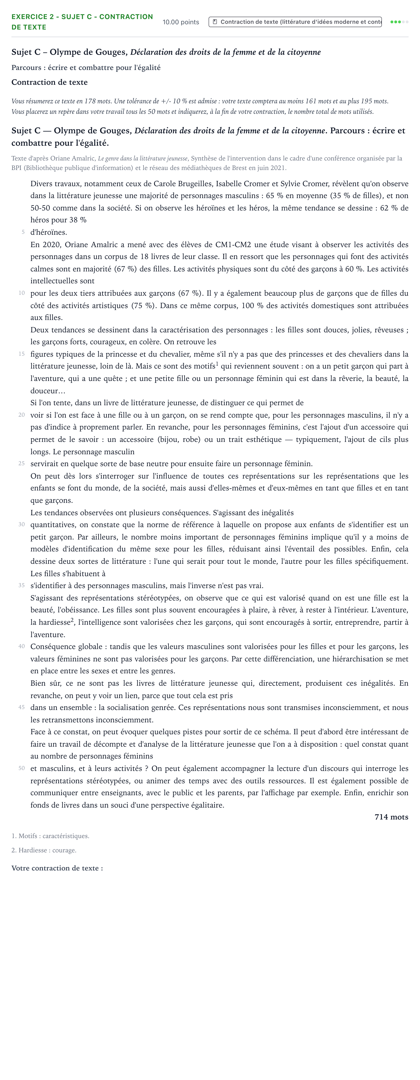 Énoncé: Exercice 2 - Sujet C - Contraction de texte · Bac STMG Français Polynésie session normale 2025