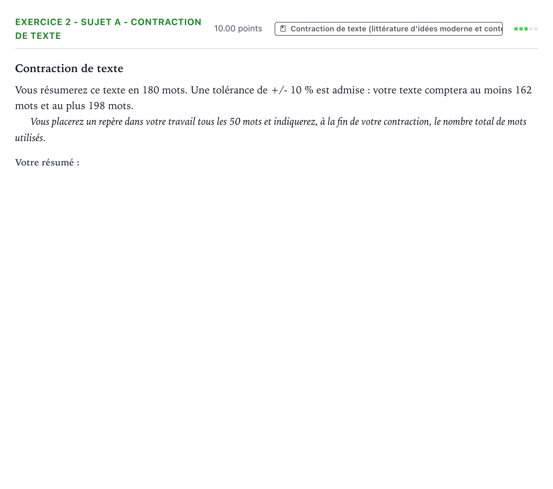 Énoncé: Exercice 2 - Sujet A - Contraction de texte · Bac STMG Français Polynésie remplacement 2025