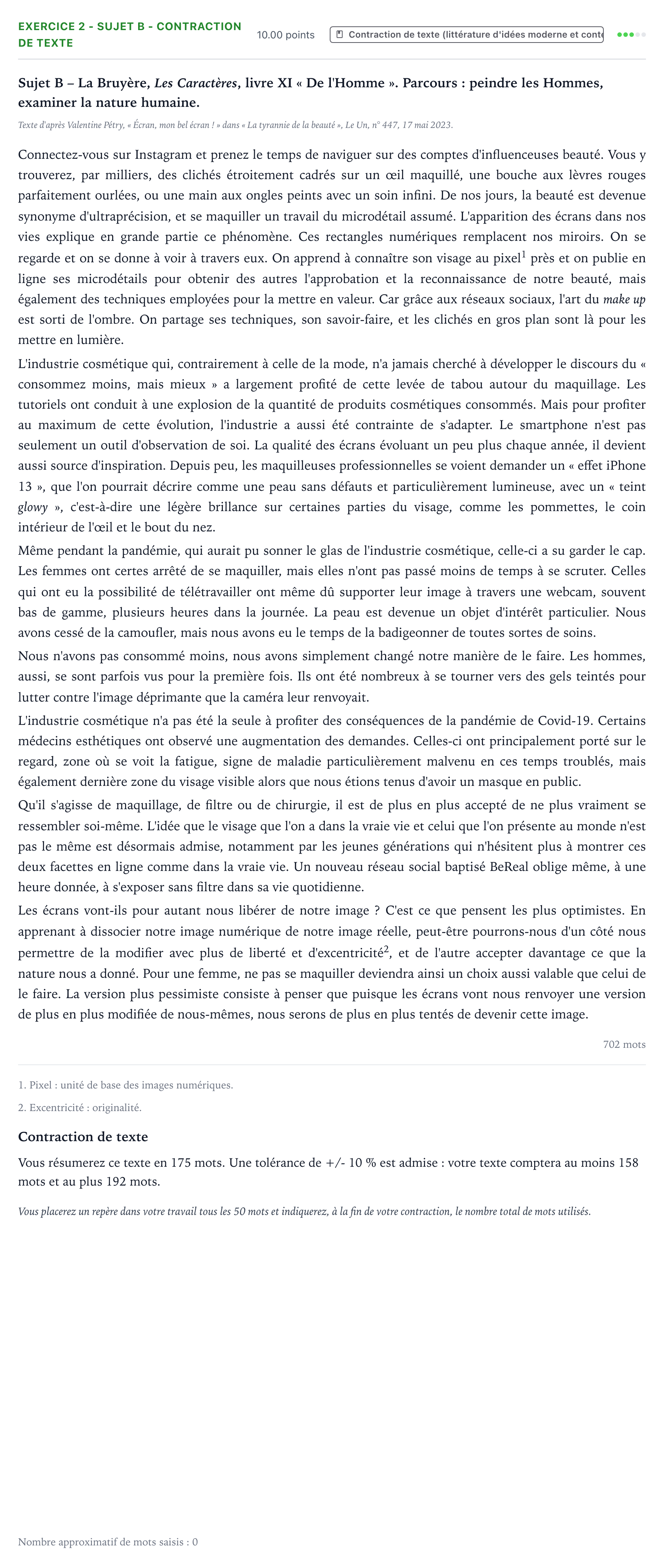 Énoncé: Exercice 2 - Sujet B - Contraction de texte · Bac STMG Français Polynésie remplacement 2025