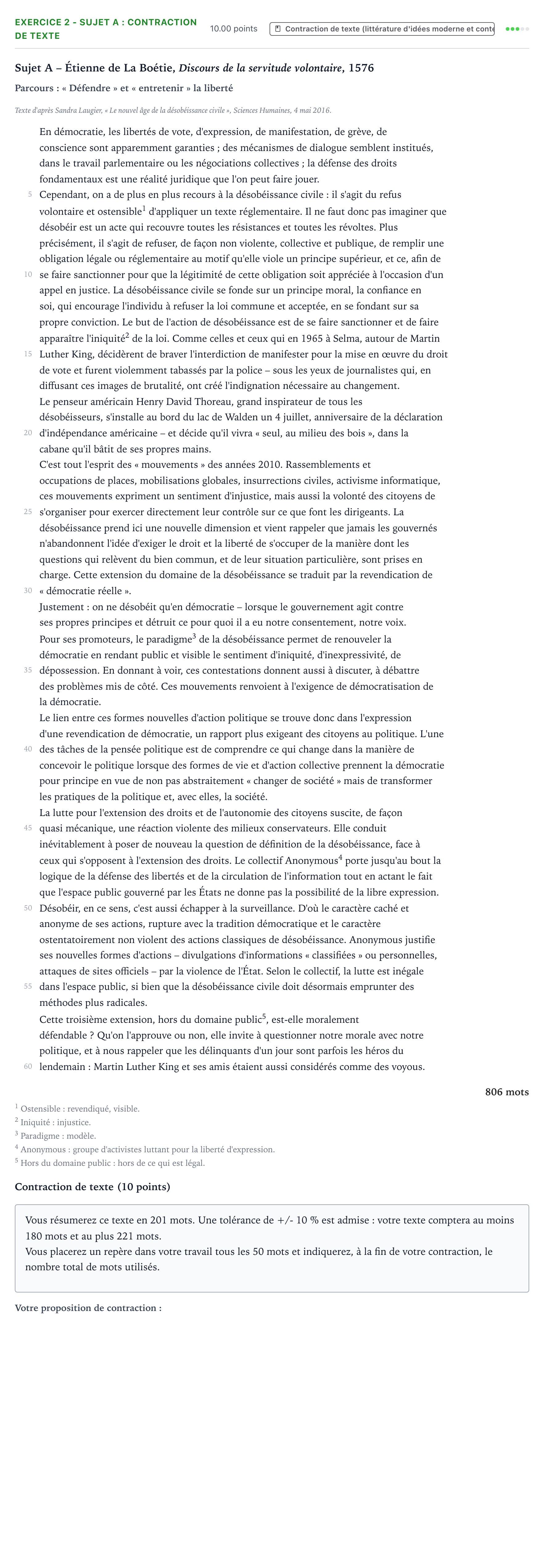 Énoncé: Exercice 2 - Sujet A : Contraction de texte · Bac STMG Français Antilles-Guyane session normale 2026
