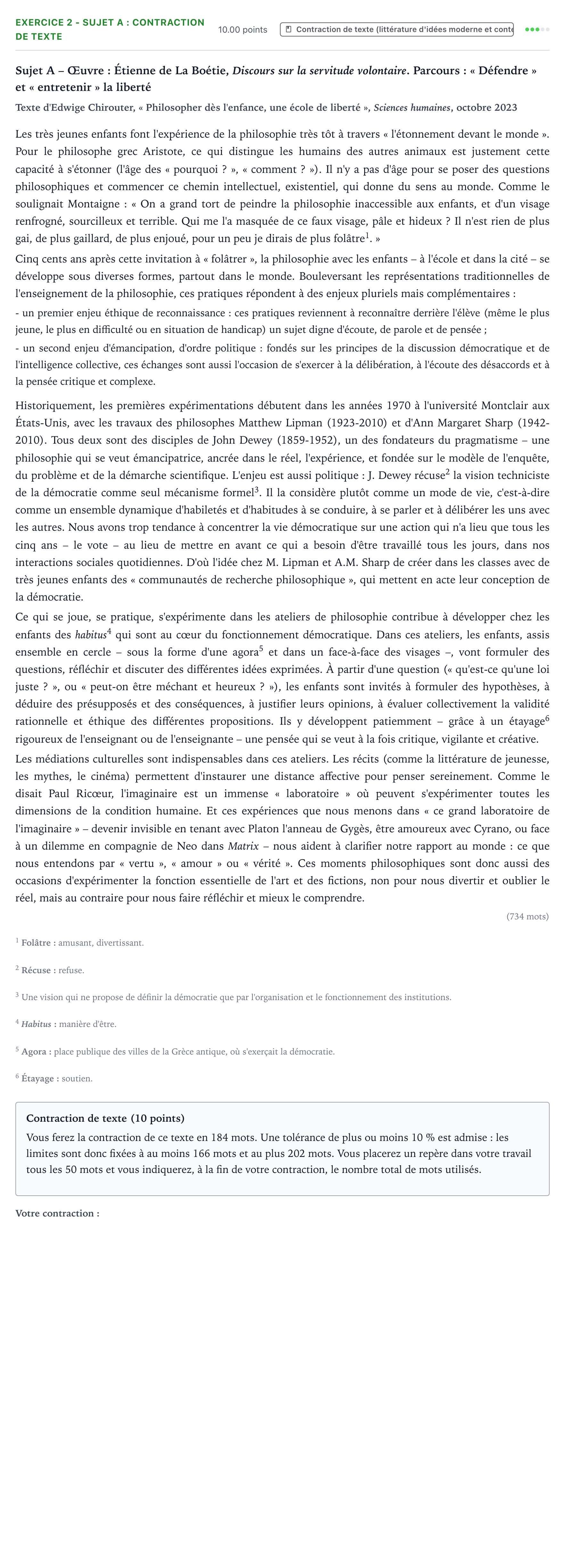 Énoncé: Exercice 2 - Sujet A : Contraction de texte · Bac STMG Français Asie session normale 2026