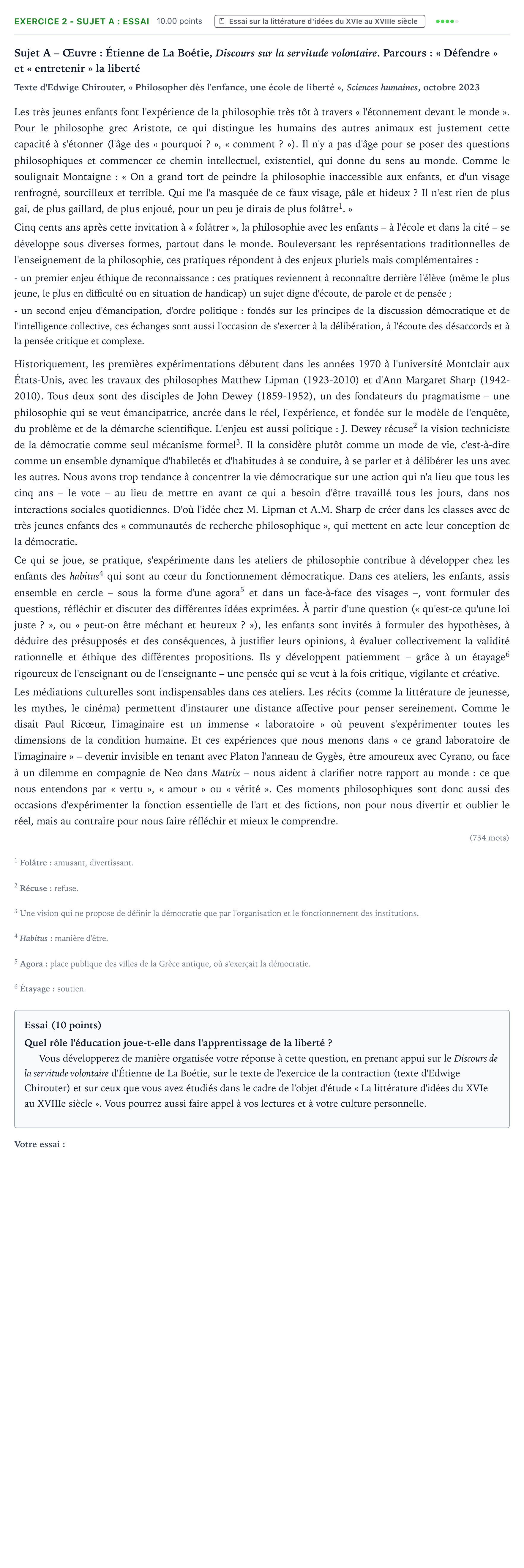 Énoncé: Exercice 2 - Sujet A : Essai · Bac STMG Français Asie session normale 2026