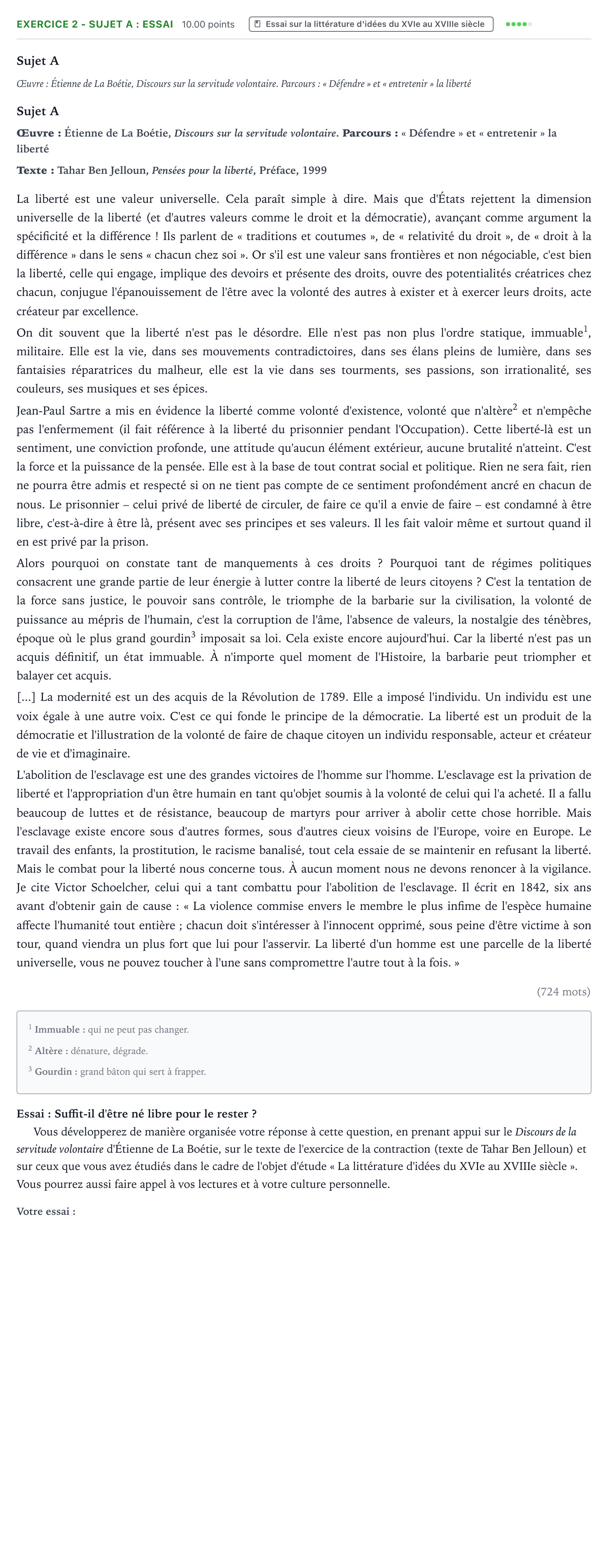 Énoncé: Exercice 2 - Sujet A : Essai · Bac STMG Français Centres étrangers (Afrique) session normale 2026
