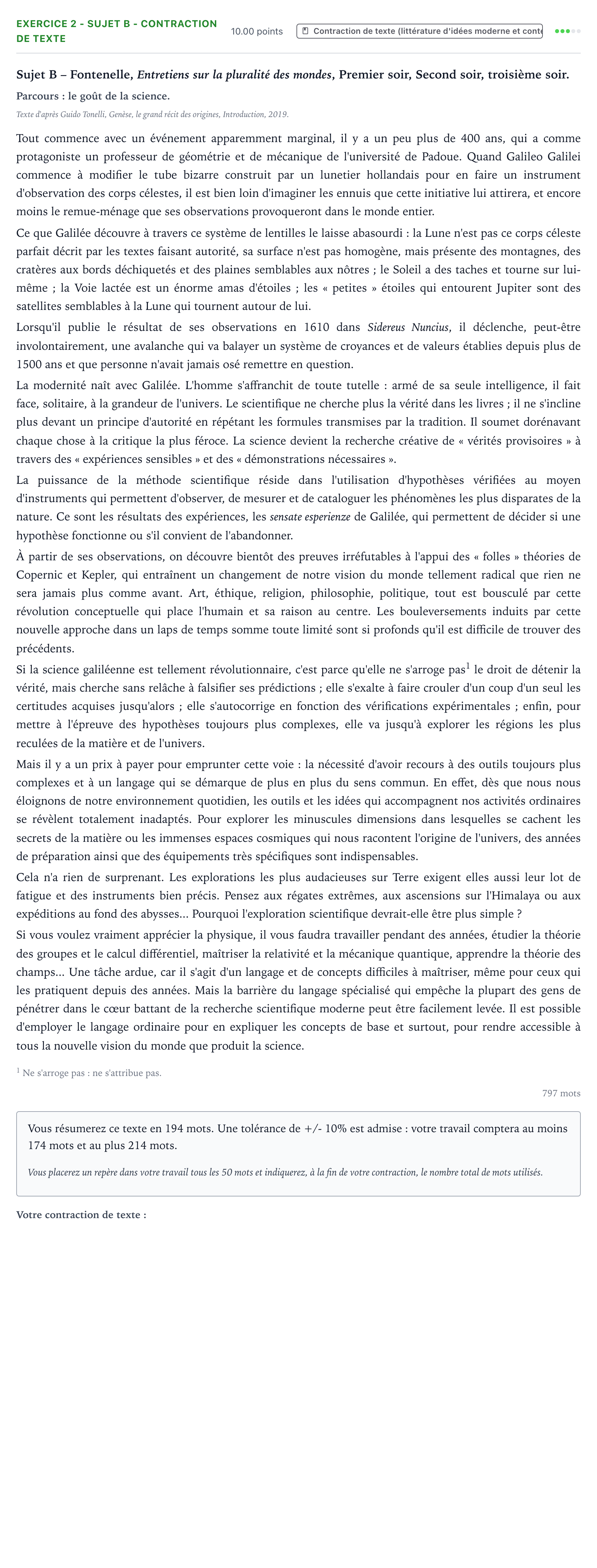 Énoncé: Exercice 2 - Sujet B - Contraction de texte · Bac STMG Français Métropole Secours 2026