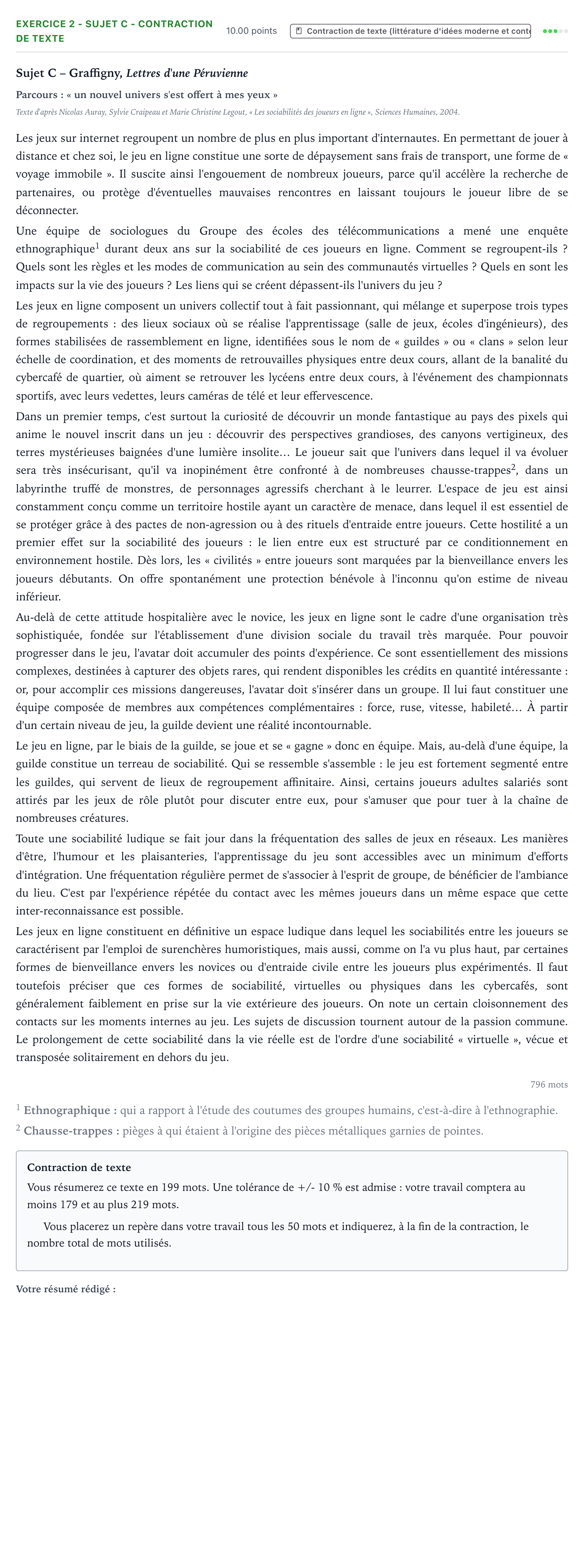 Énoncé: Exercice 2 - Sujet C - Contraction de texte · Bac STMG Français Métropole Secours 2026