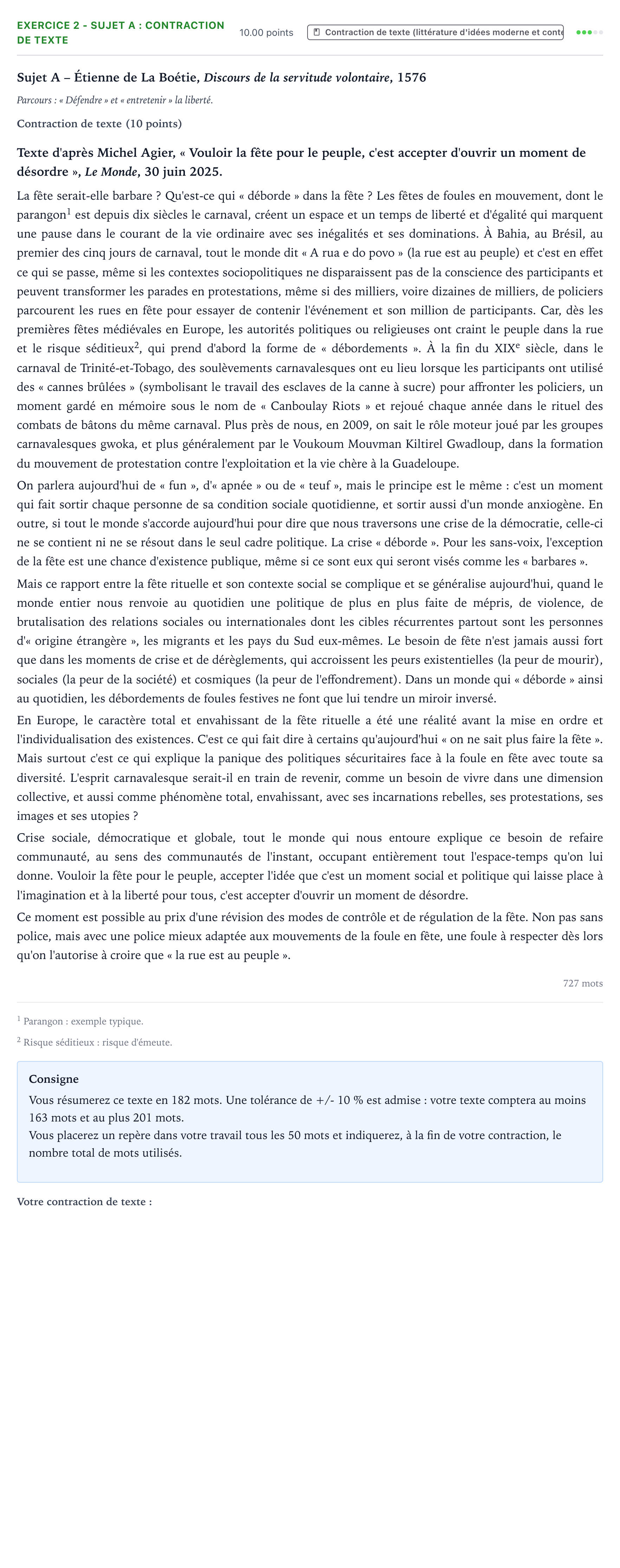 Énoncé: Exercice 2 - Sujet A : Contraction de texte · Bac STMG Français Polynésie remplacement 2026