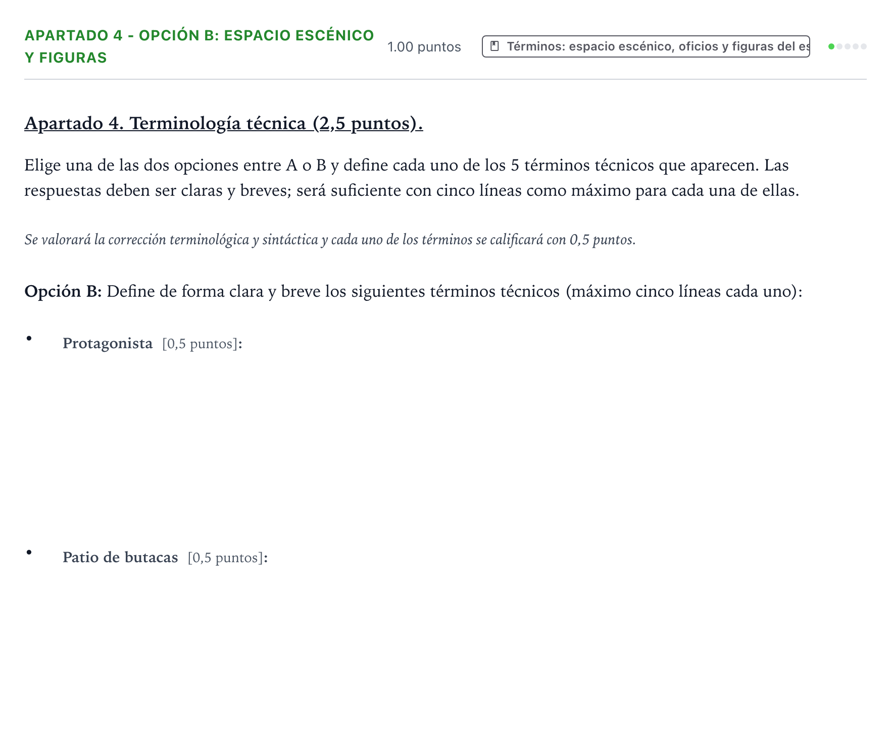 Enunciado: Apartado 4 - Opción B: Espacio escénico y figuras · Artes Escénicas PAU País Vasco Extraordinaria 2026