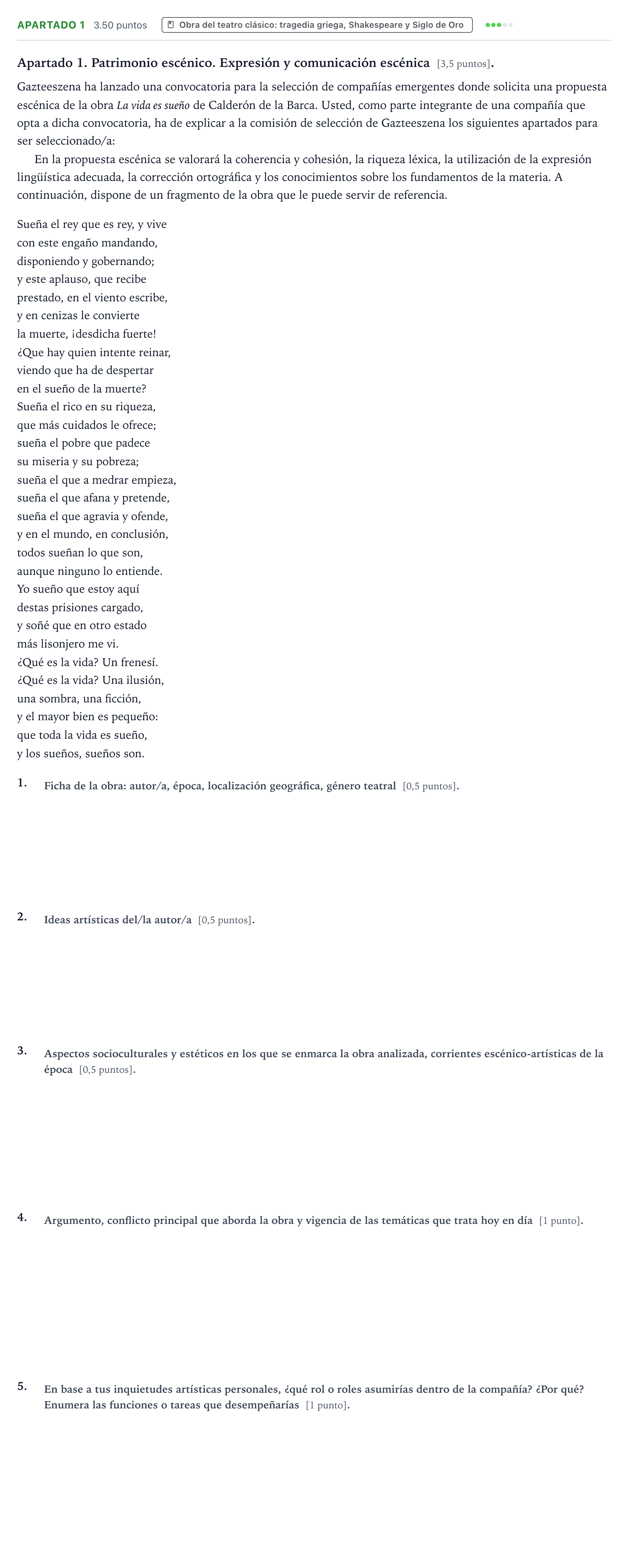 Enunciado: Apartado 1 · Artes Escénicas PAU País Vasco Ordinaria 2026