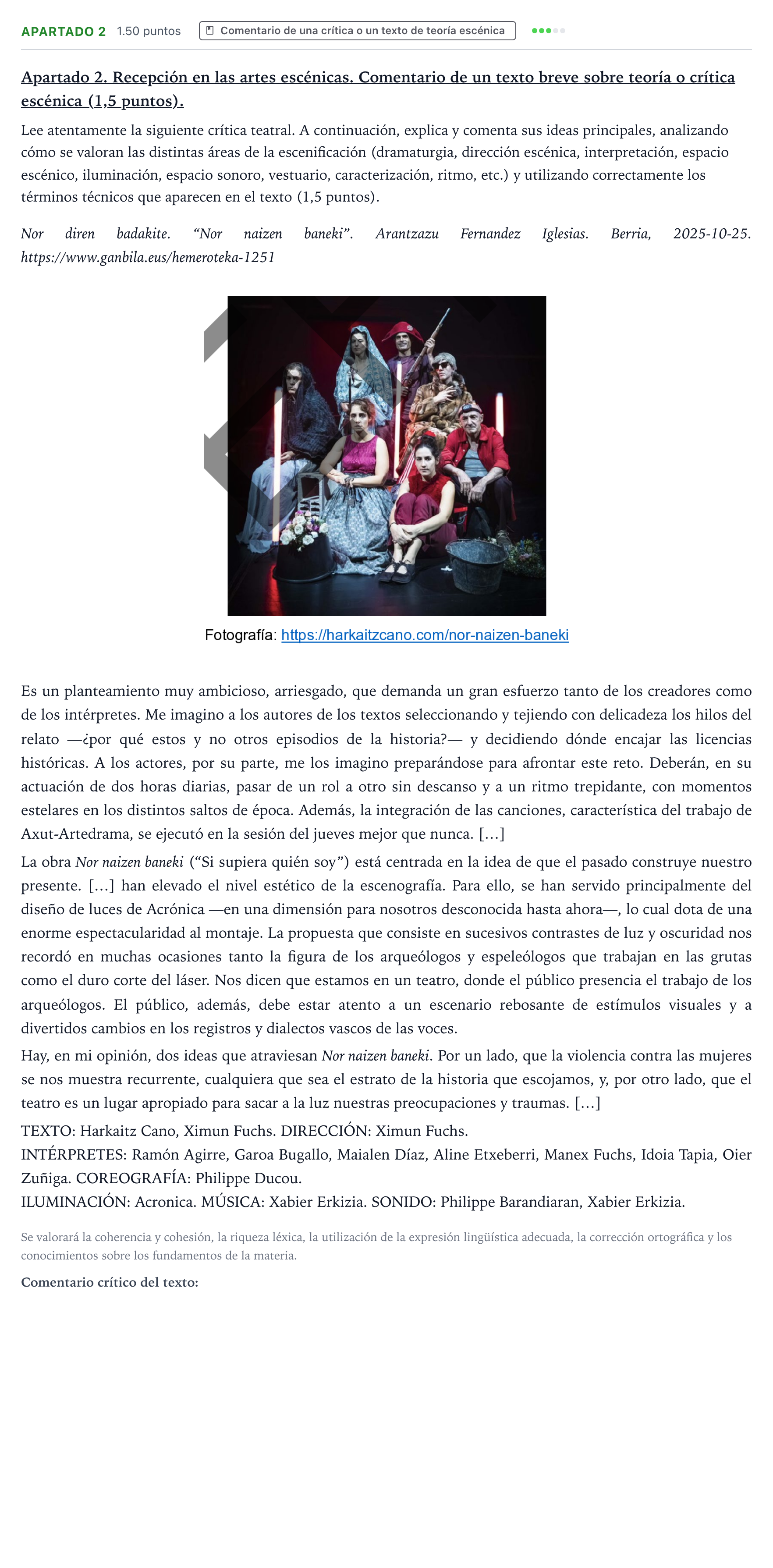 Enunciado: Apartado 2 · Artes Escénicas PAU País Vasco Ordinaria 2026