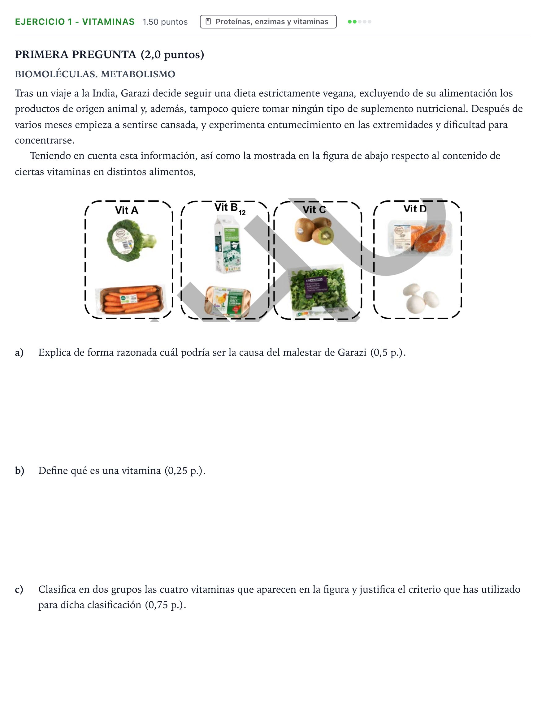 Enunciado: Ejercicio 1 - Vitaminas · Biología PAU País Vasco Extraordinaria 2026