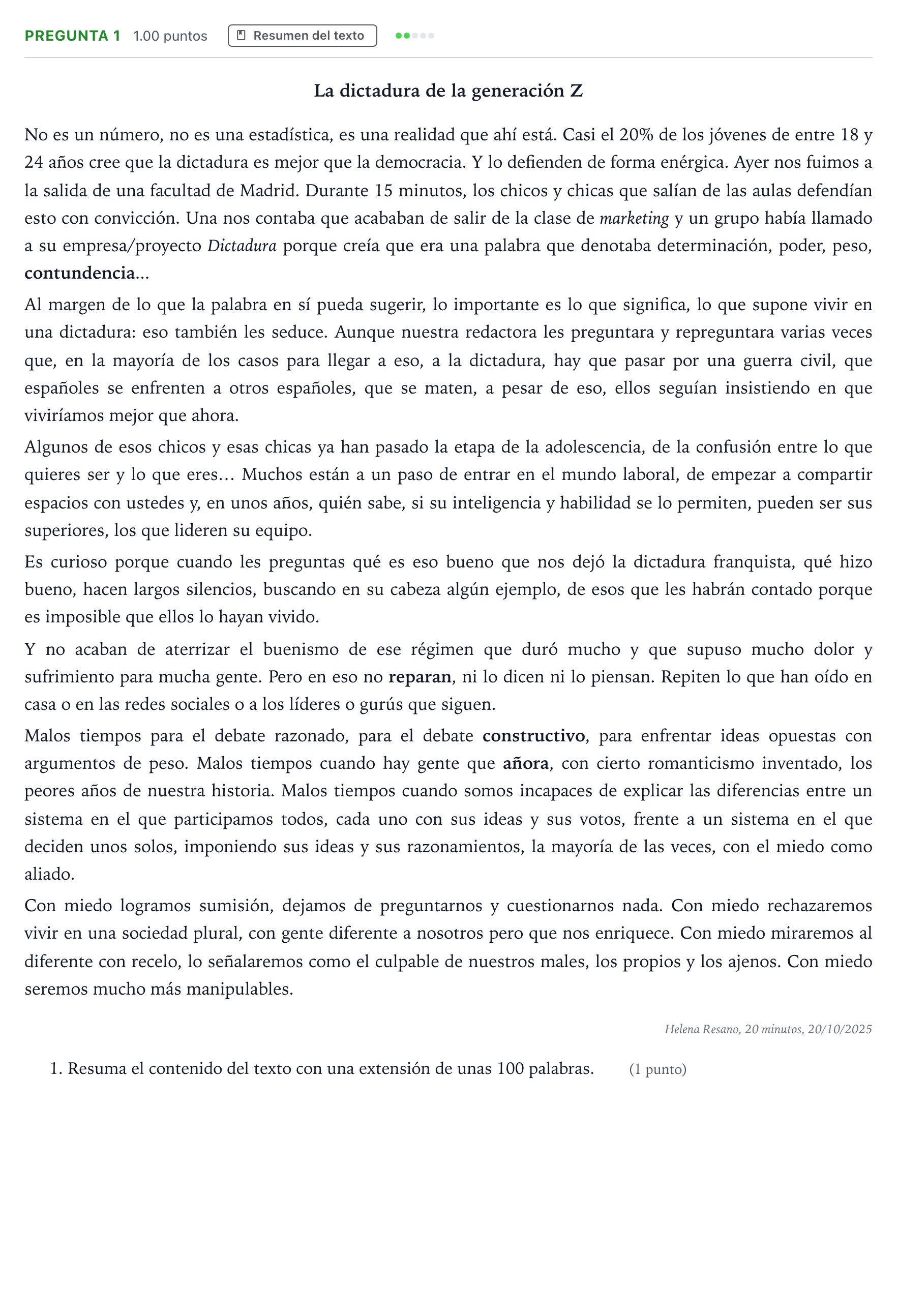 Enunciado: Pregunta 1 · Lengua Castellana y Literatura II PAU País Vasco Extraordinaria 2026