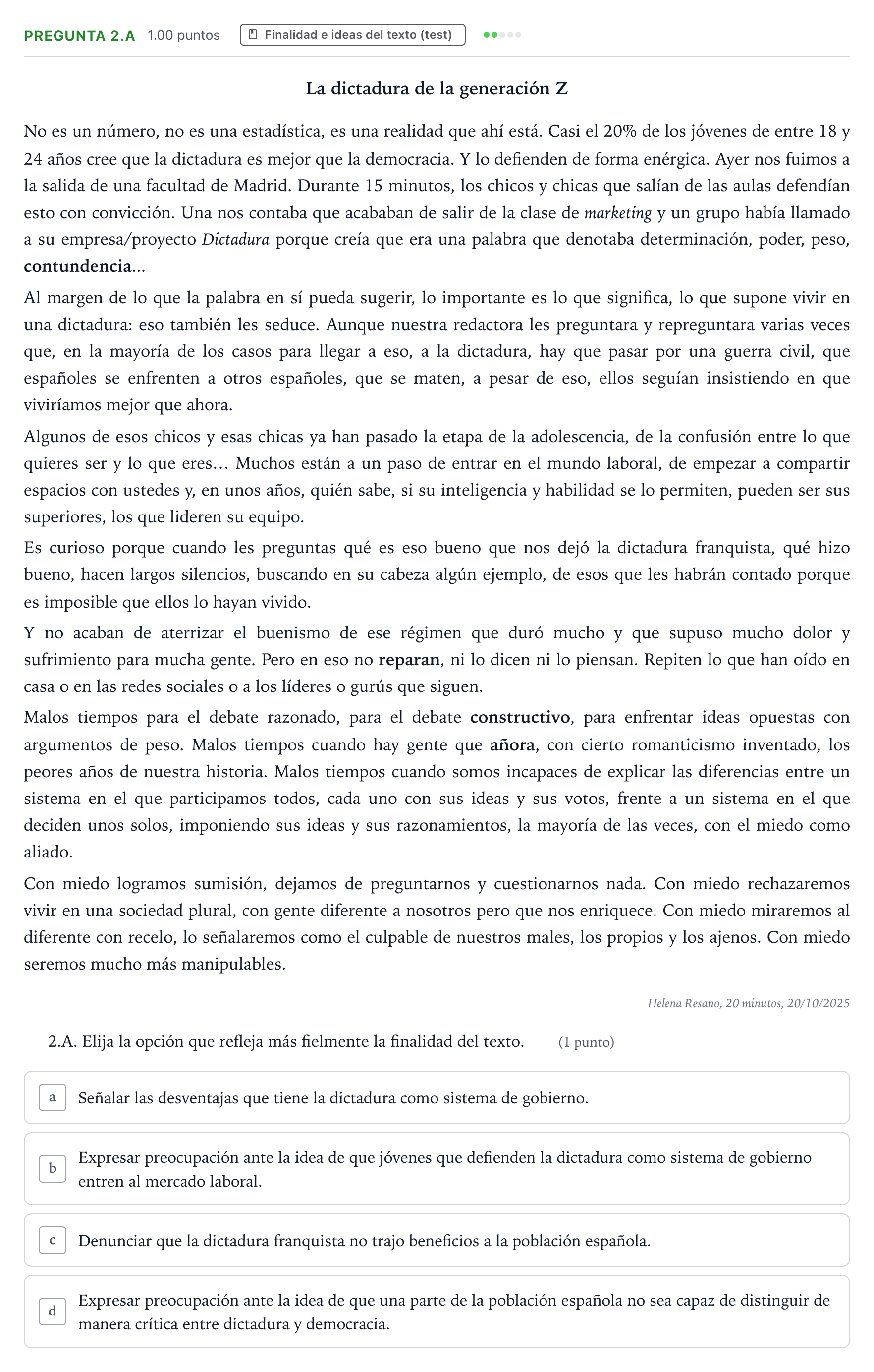 Enunciado: Pregunta 2.A · Lengua Castellana y Literatura II PAU País Vasco Extraordinaria 2026