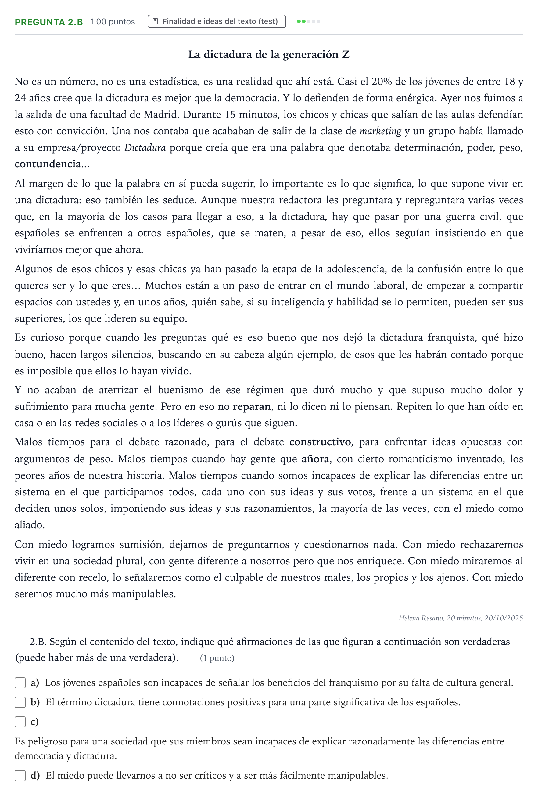 Enunciado: Pregunta 2.B · Lengua Castellana y Literatura II PAU País Vasco Extraordinaria 2026