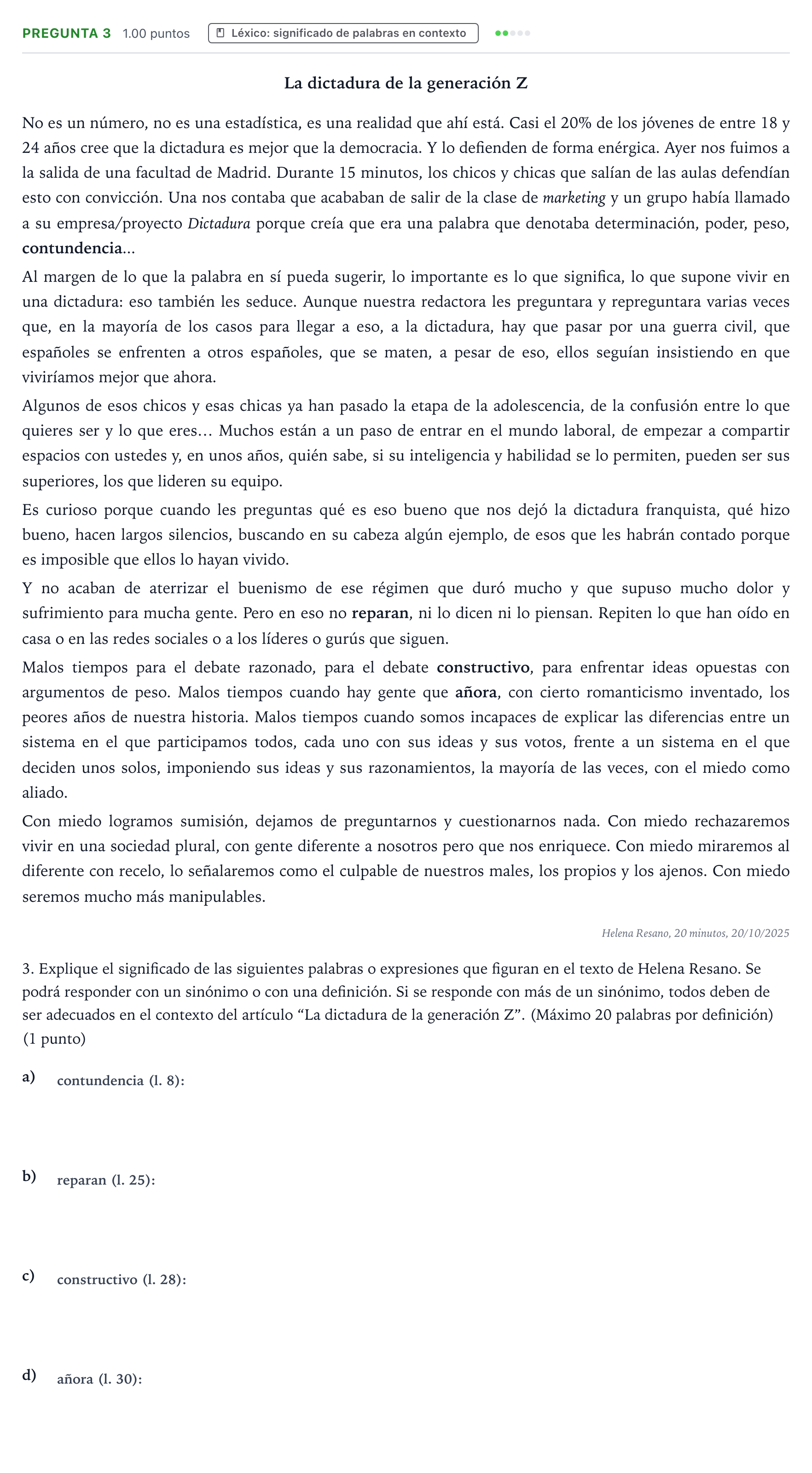 Enunciado: Pregunta 3 · Lengua Castellana y Literatura II PAU País Vasco Extraordinaria 2026
