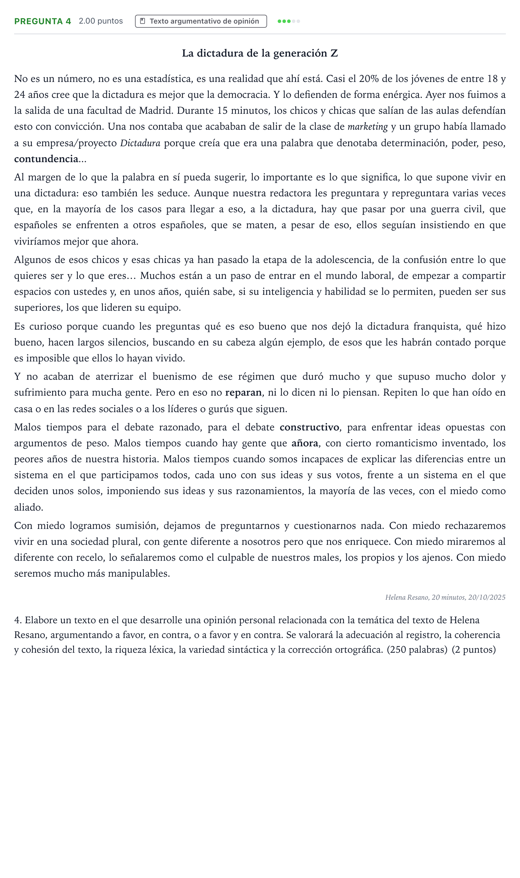 Enunciado: Pregunta 4 · Lengua Castellana y Literatura II PAU País Vasco Extraordinaria 2026