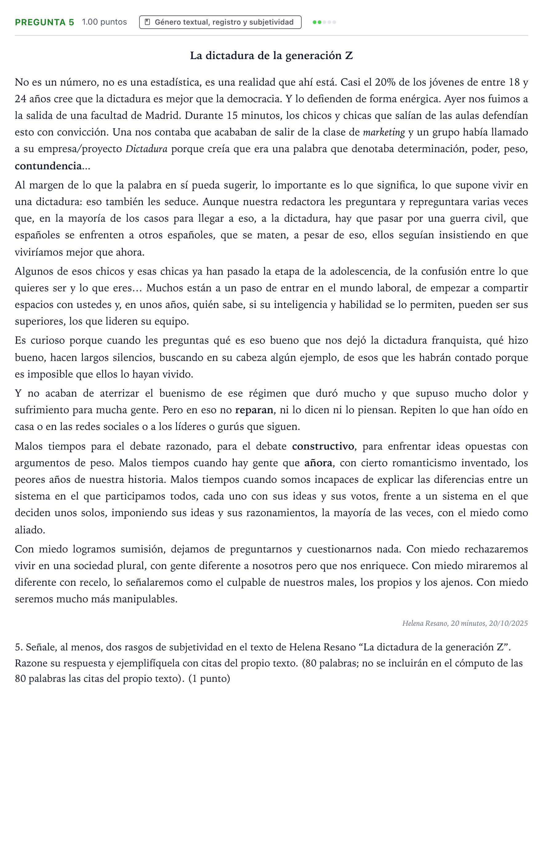 Enunciado: Pregunta 5 · Lengua Castellana y Literatura II PAU País Vasco Extraordinaria 2026