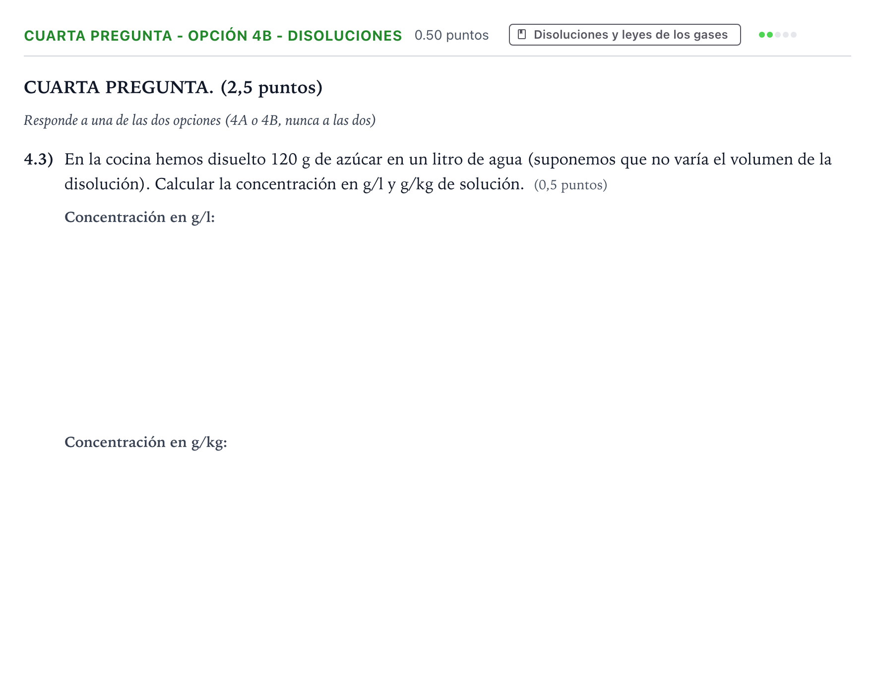 Enunciado: Ejercicio Cuarta pregunta - Opción 4B - Disoluciones · Ciencias Generales PAU País Vasco Extraordinaria 2026