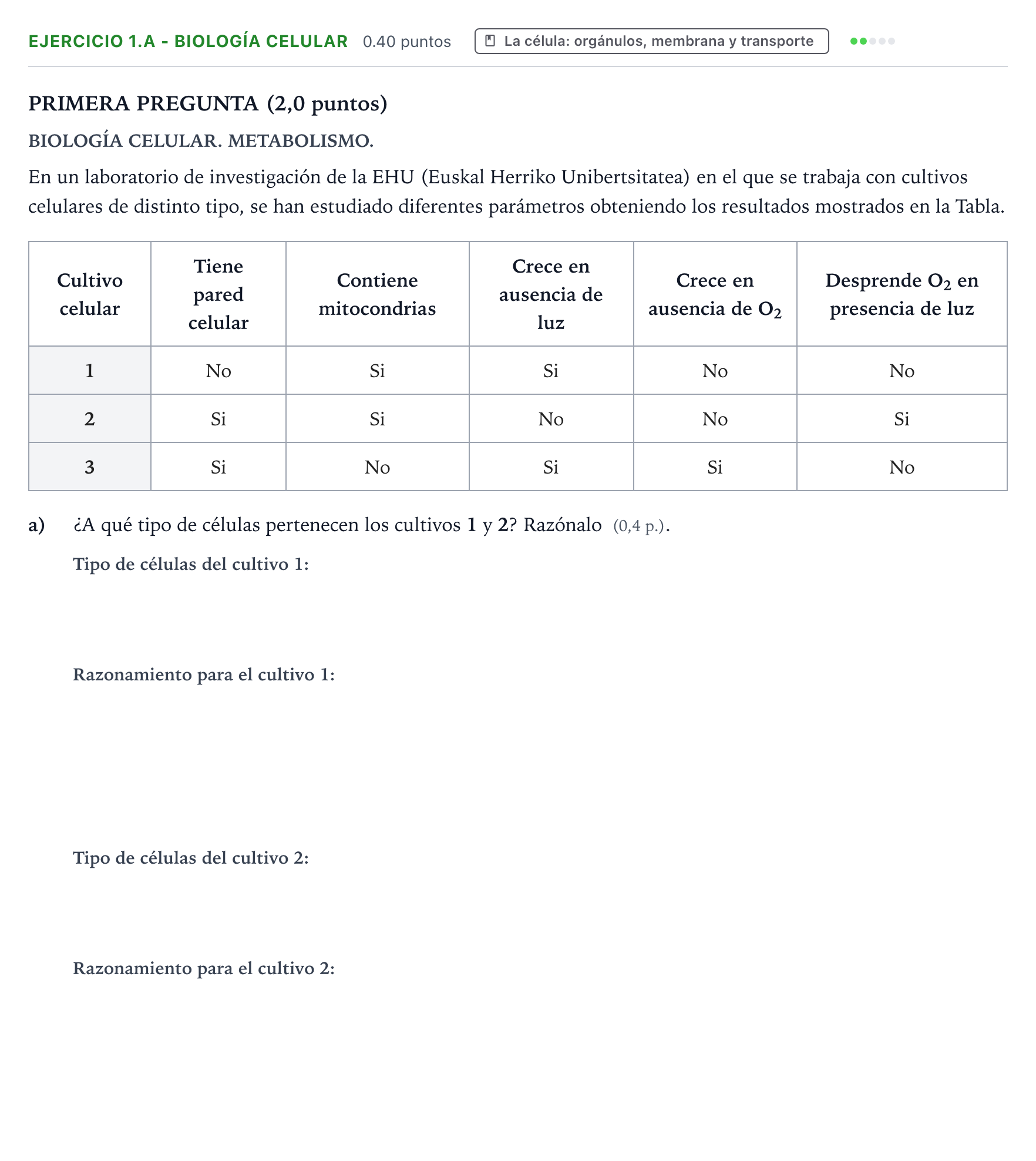 Enunciado: Ejercicio 1.a - Biología celular · Biología PAU País Vasco Ordinaria 2026