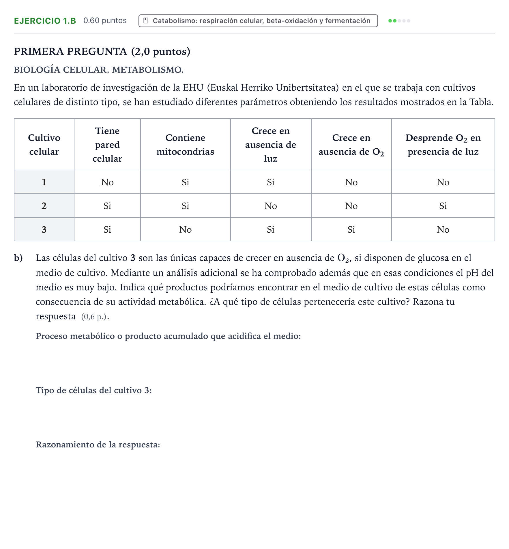 Enunciado: Ejercicio 1.b - Catabolismo · Biología PAU País Vasco Ordinaria 2026