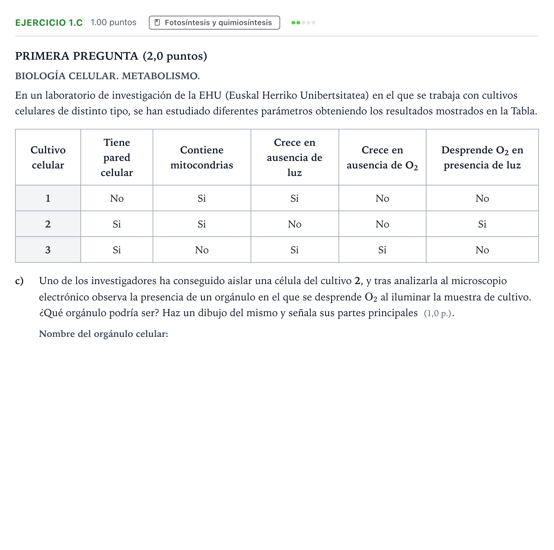 Enunciado: Ejercicio 1.c - Fotosíntesis · Biología PAU País Vasco Ordinaria 2026