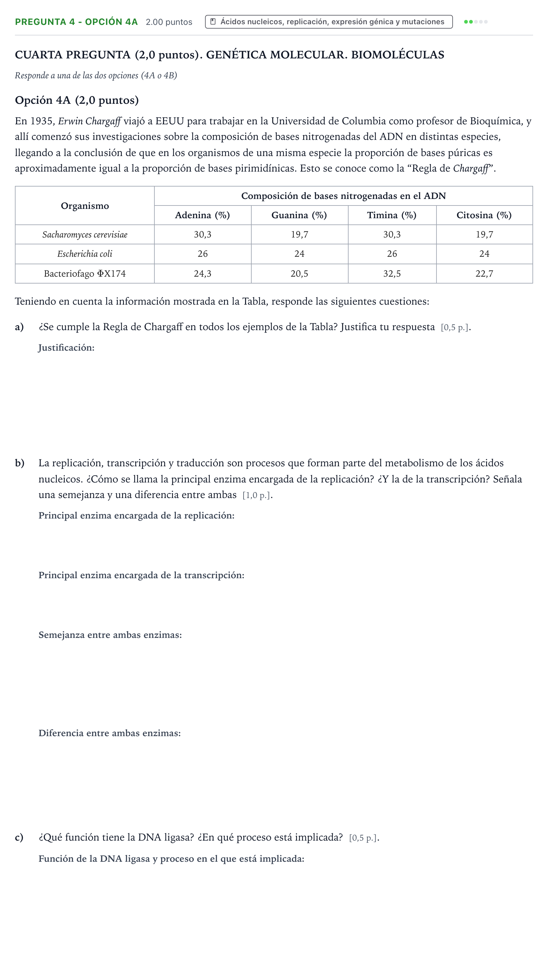 Enunciado: Pregunta 4 - Opción 4A · Biología PAU País Vasco Ordinaria 2026