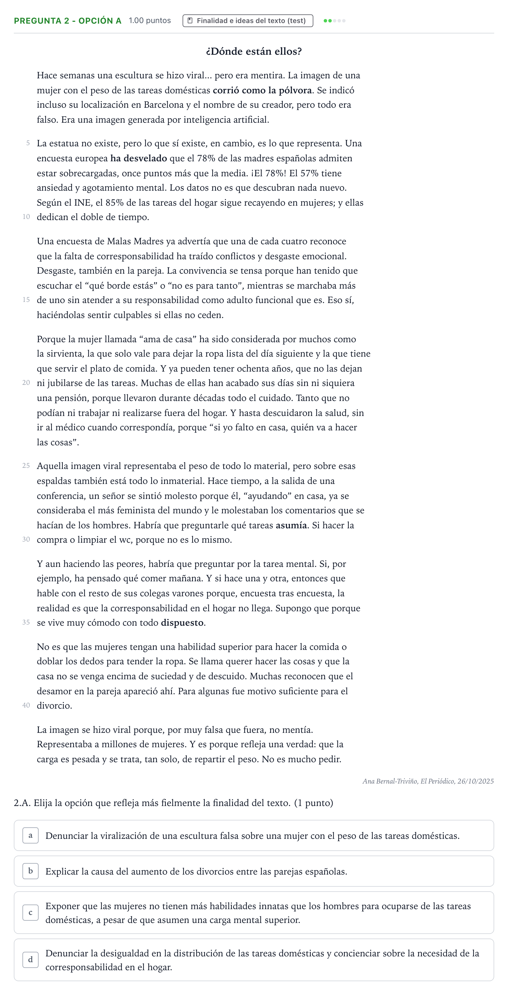 Enunciado: Pregunta 2 - Opción A · Lengua Castellana y Literatura II PAU País Vasco Ordinaria 2026