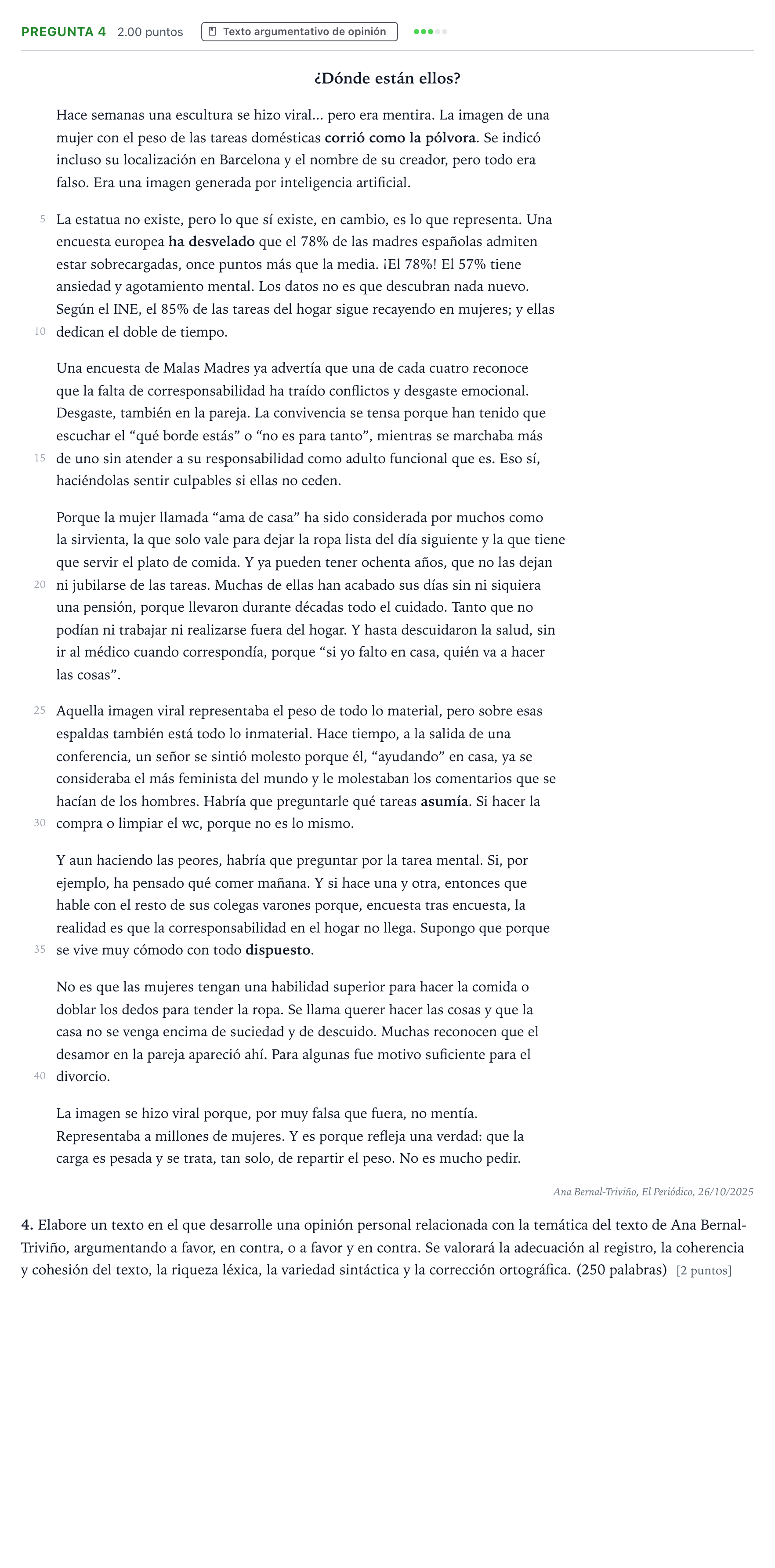 Enunciado: Pregunta 4 · Lengua Castellana y Literatura II PAU País Vasco Ordinaria 2026