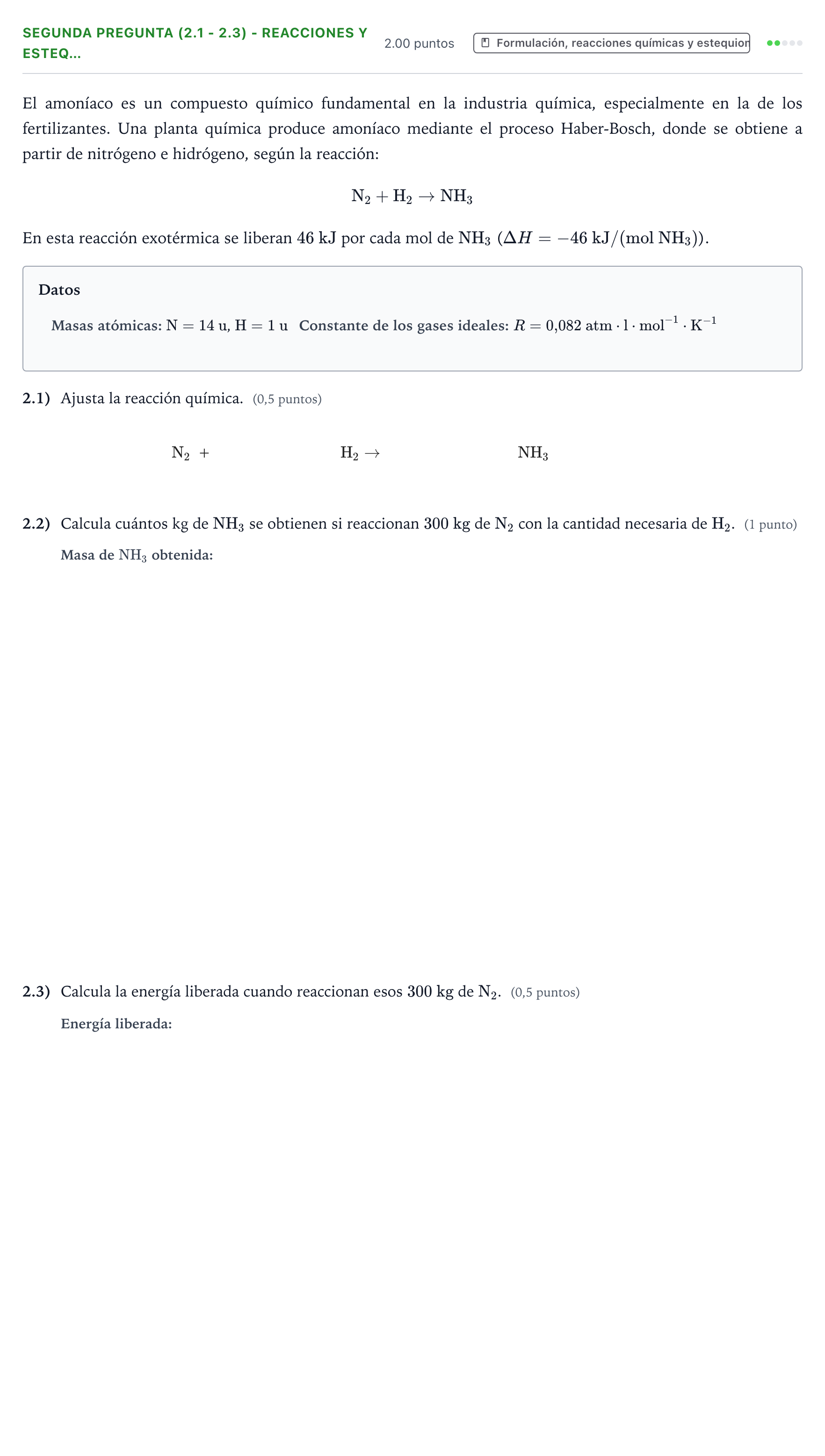 Enunciado: Ejercicio Segunda Pregunta (2.1 - 2.3) - Reacciones y esteq… · Ciencias Generales PAU País Vasco Ordinaria 2026