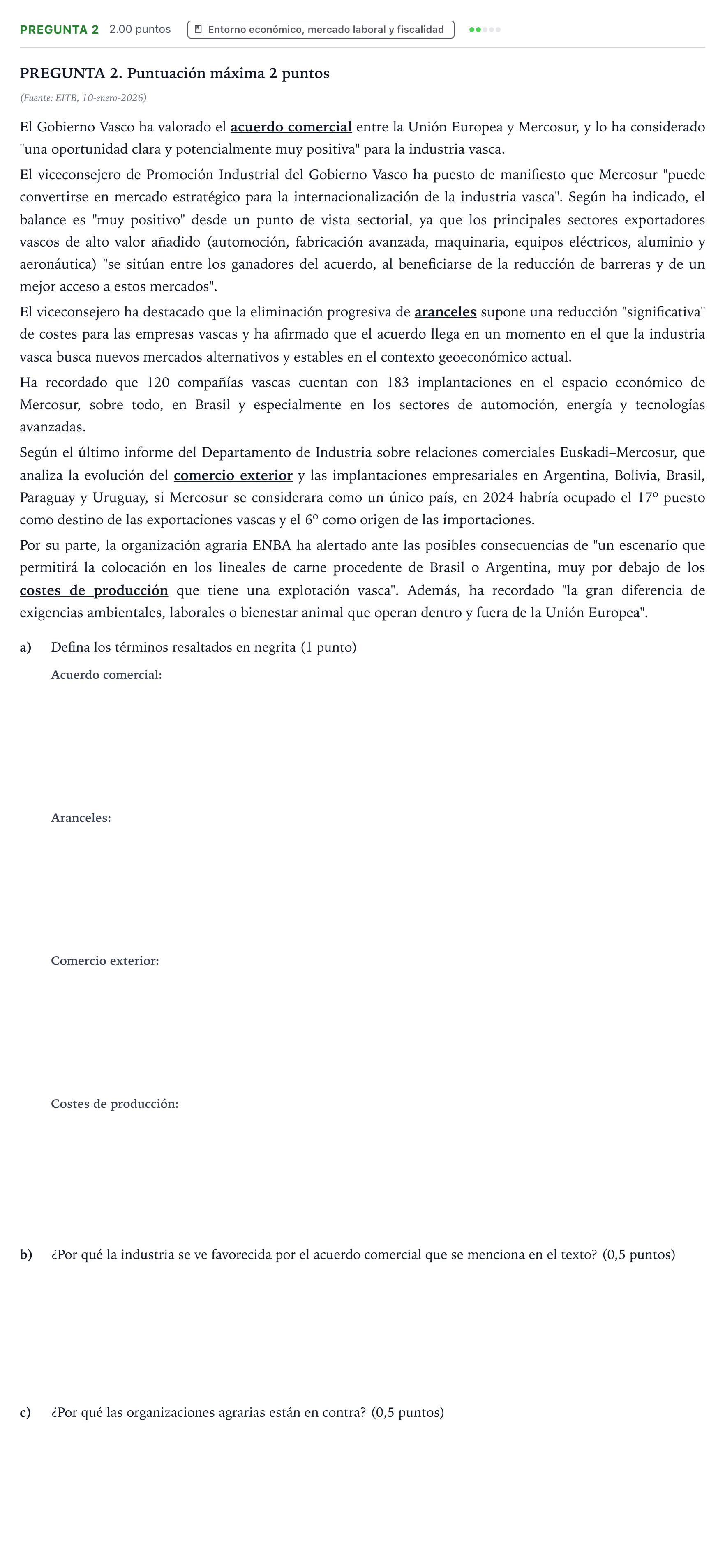 Enunciado: Pregunta 2 · Empresa y Diseño de Modelos de Negocio PAU País Vasco Ordinaria 2026