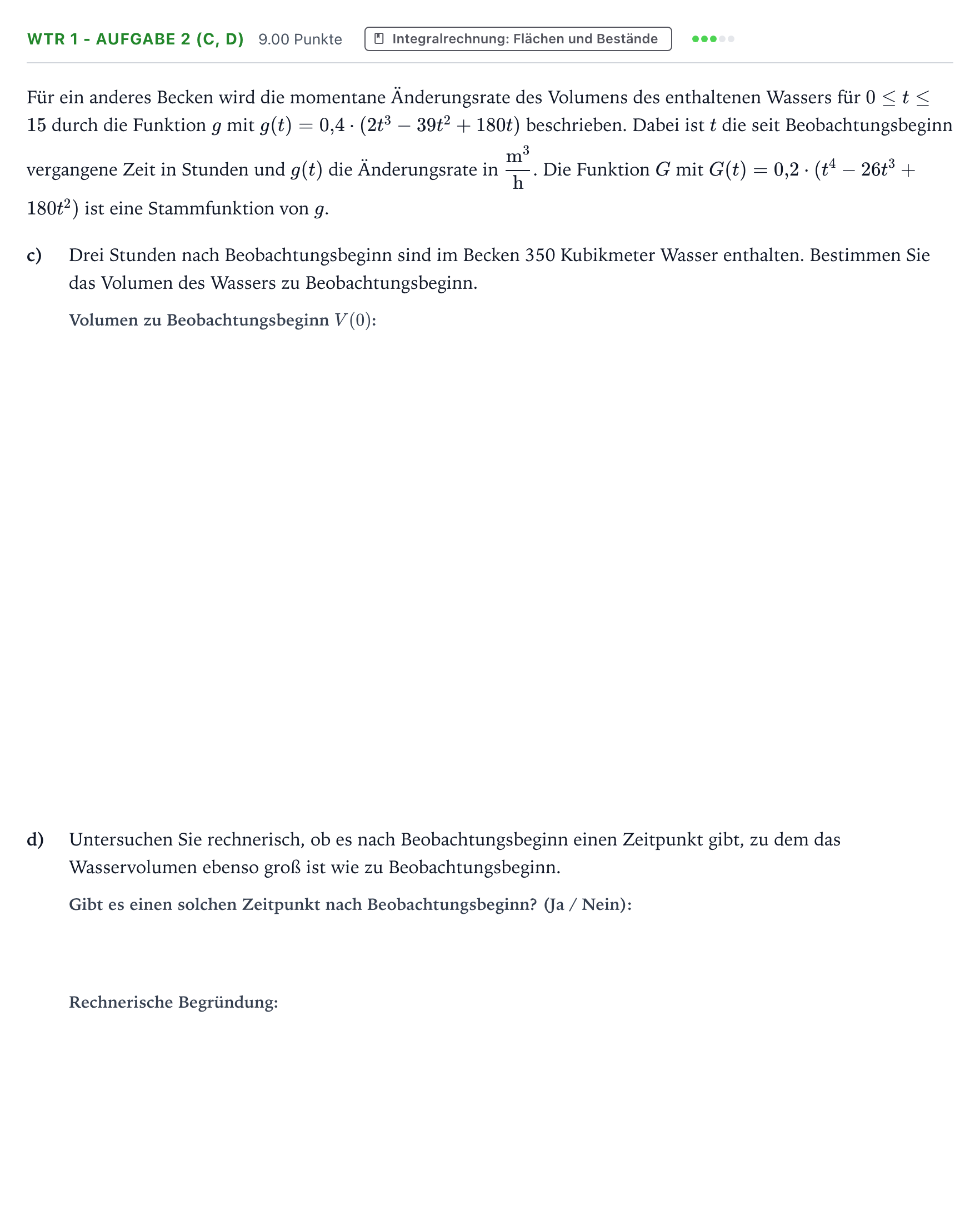 Aufgabenstellung: Aufgabe WTR 1 - Aufgabe 2 (c, d) · Abitur NRW Mathematik LK · Teil B · Analysis (WTR) 2017