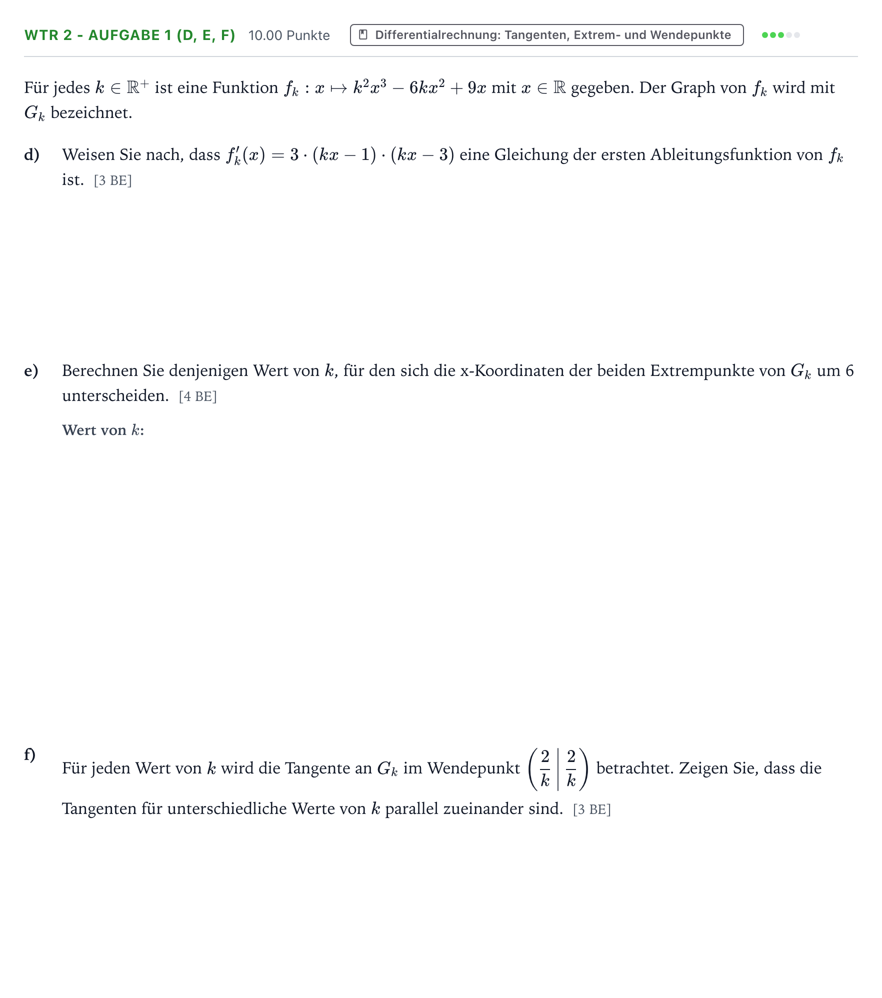 Aufgabenstellung: Aufgabe WTR 2 - Aufgabe 1 (d, e, f) · Abitur NRW Mathematik LK · Teil B · Analysis (WTR) 2017