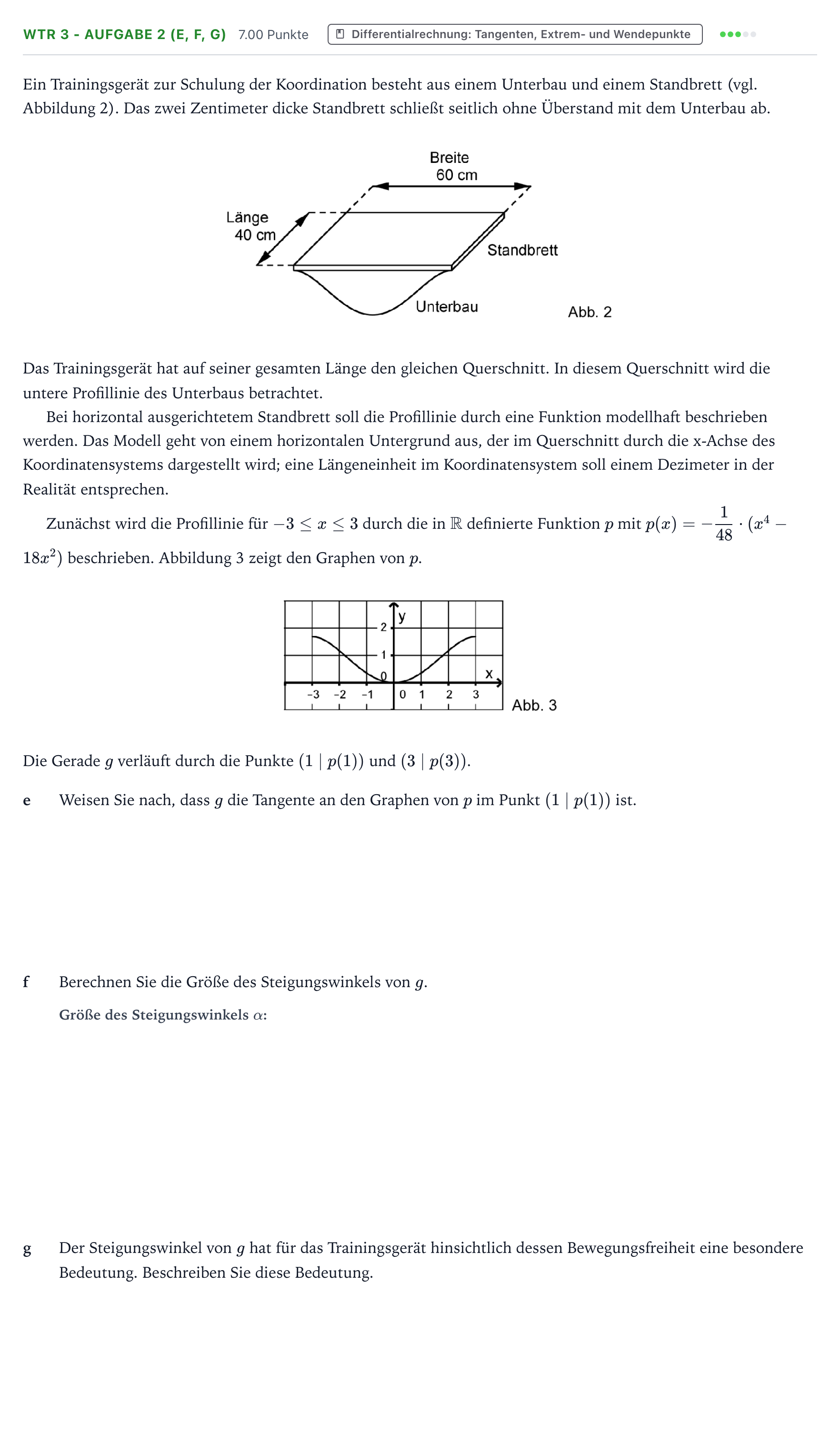 Aufgabenstellung: Aufgabe WTR 3 - Aufgabe 2 (e, f, g) · Abitur NRW Mathematik LK · Teil B · Analysis (WTR) 2017