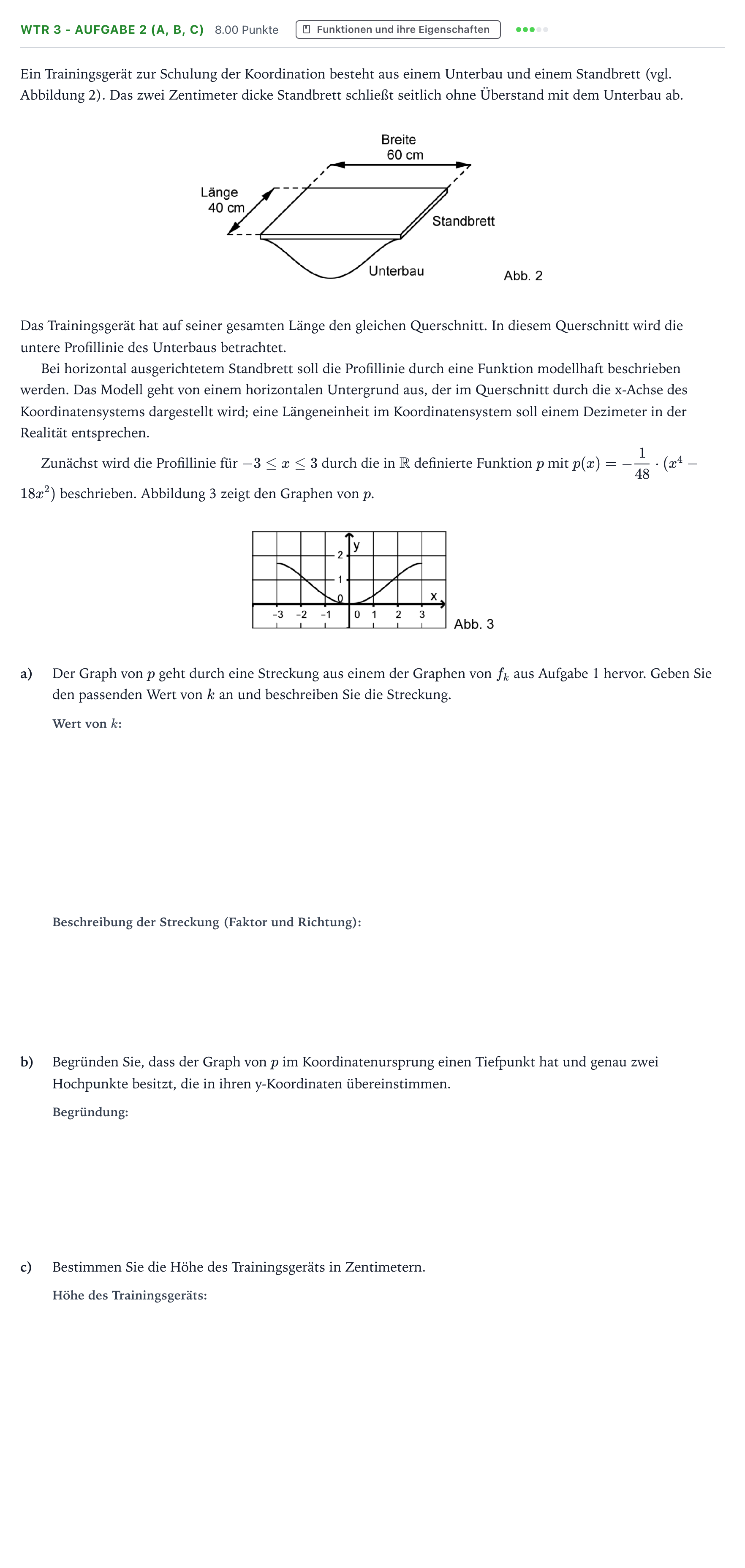 Aufgabenstellung: Aufgabe WTR 3 - Aufgabe 2 (a, b, c) · Abitur NRW Mathematik LK · Teil B · Analysis (WTR) 2017