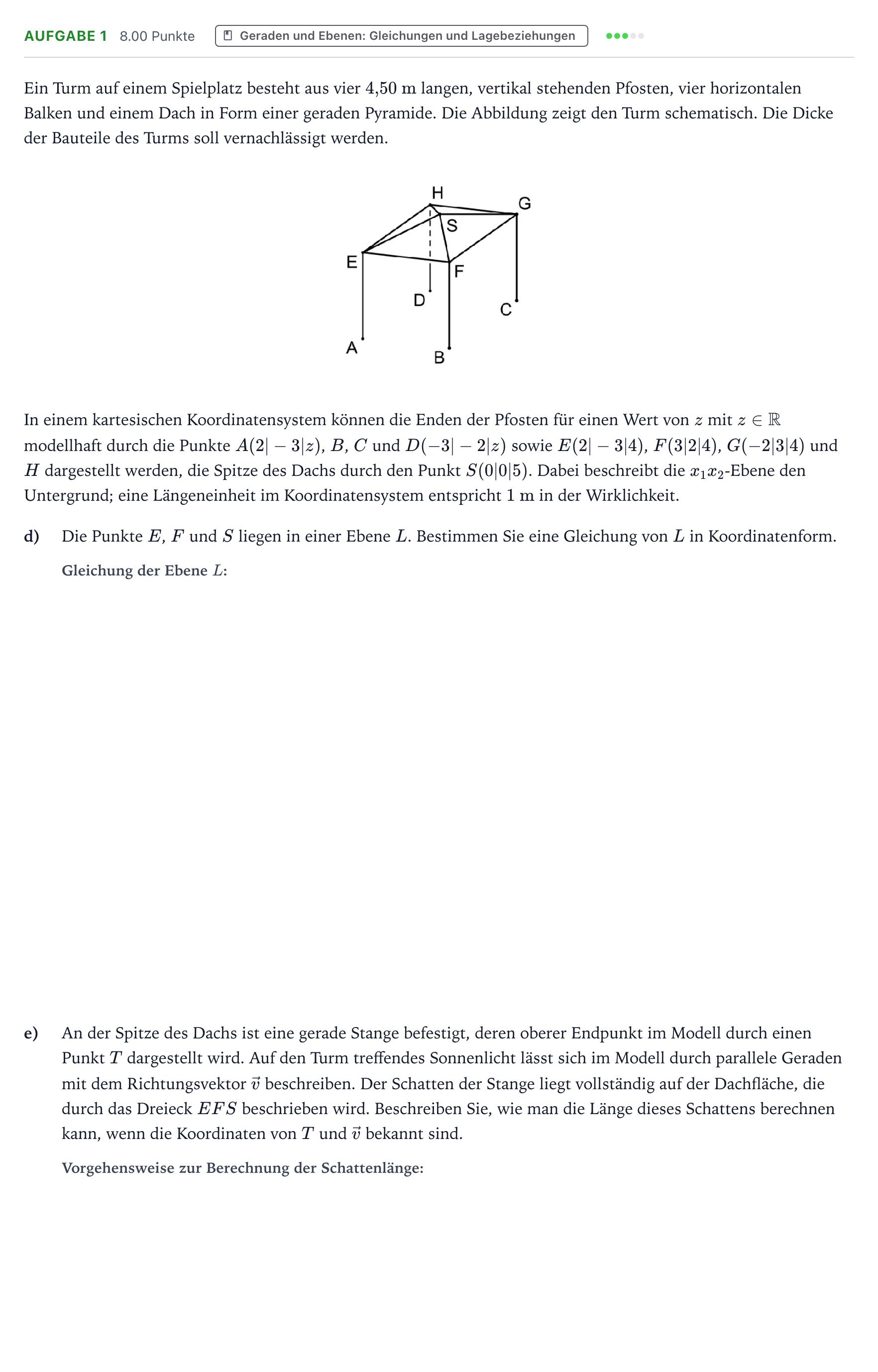 Aufgabenstellung: Aufgabe 1 - Geraden und Ebenen: Gleichungen und L… · Abitur NRW Mathematik LK · Teil B · Analytische Geometrie (WTR 2017