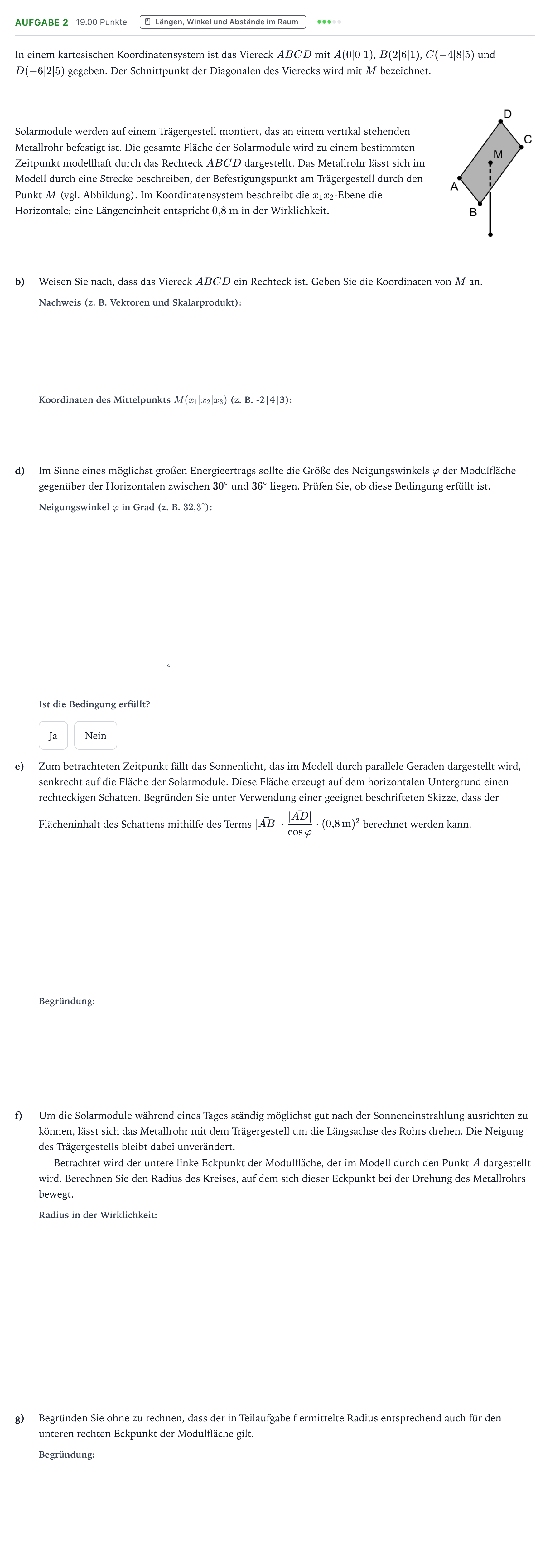 Aufgabenstellung: Aufgabe 2 - Längen, Winkel und Abstände im Raum · Abitur NRW Mathematik LK · Teil B · Analytische Geometrie (WTR 2017