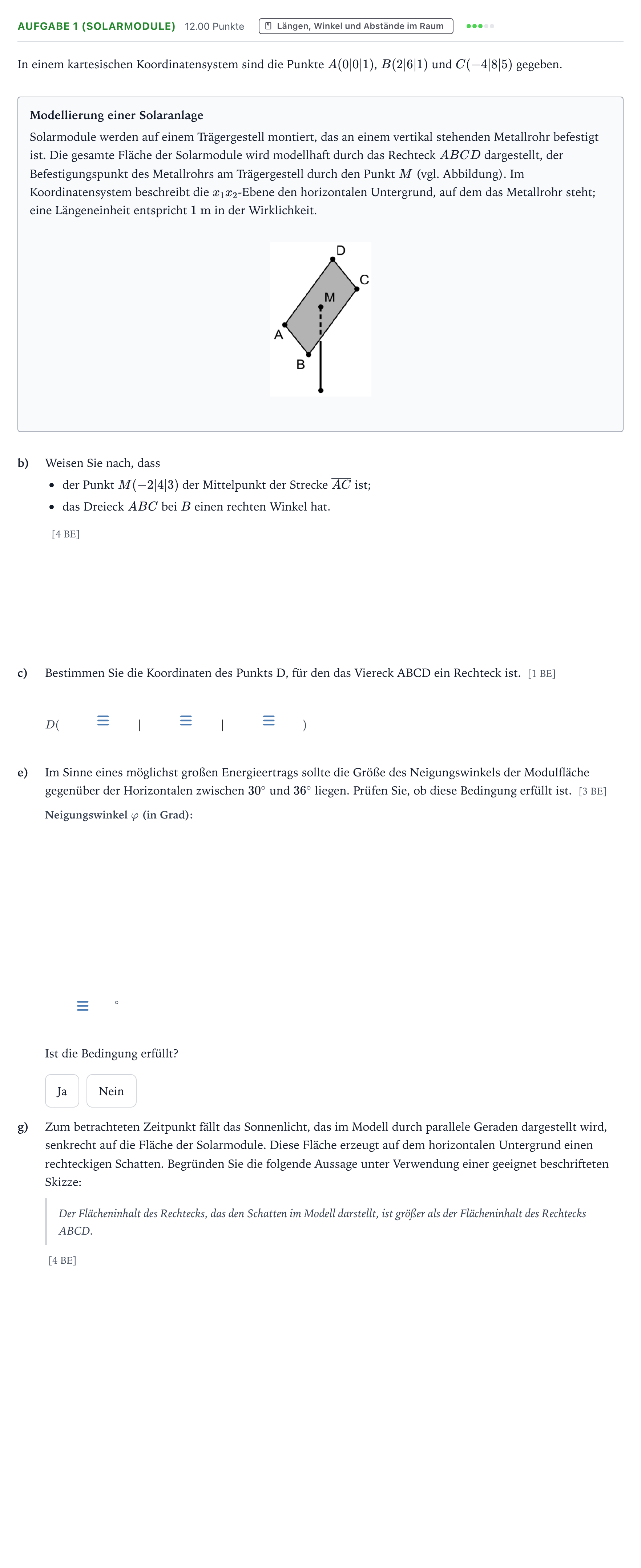 Aufgabenstellung: Aufgabe 1 (Solarmodule) - Längen, Winkel und Abst… · Abitur NRW Mathematik GK · Teil B · Analytische Geometrie (WTR 2017