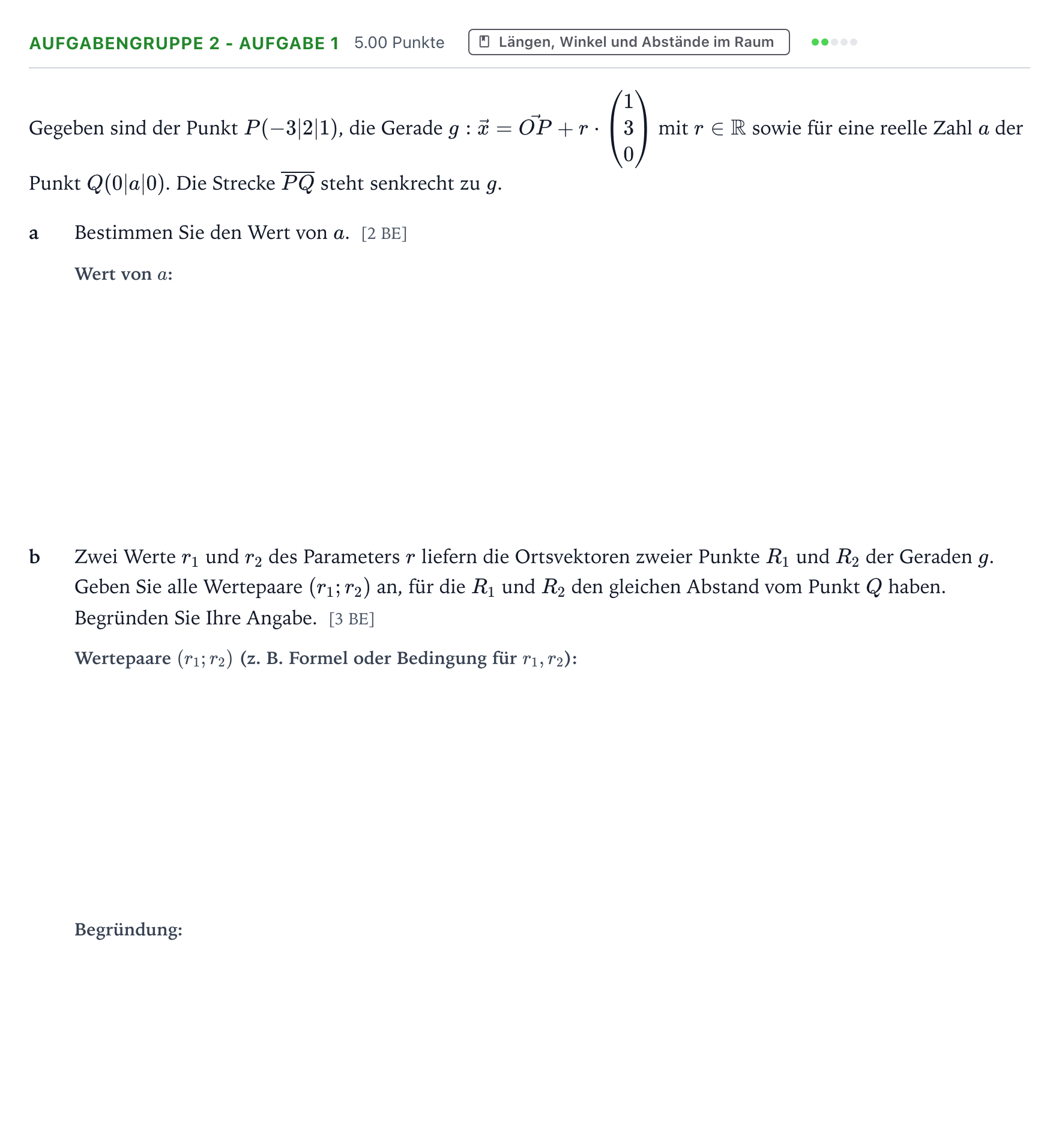 Aufgabenstellung: Aufgabengruppe 2 - Aufgabe 1 · Abitur NRW Mathematik GK · Teil A · Analytische Geometrie 2017