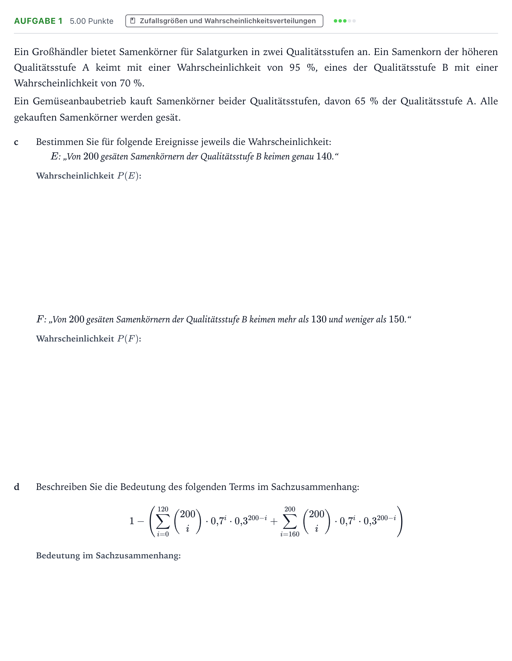 Aufgabenstellung: Aufgabe 1 - Zufallsgrößen und Wahrscheinlichkeitsverteilu… · Abitur NRW Mathematik LK · Teil B · Stochastik (WTR) 2017