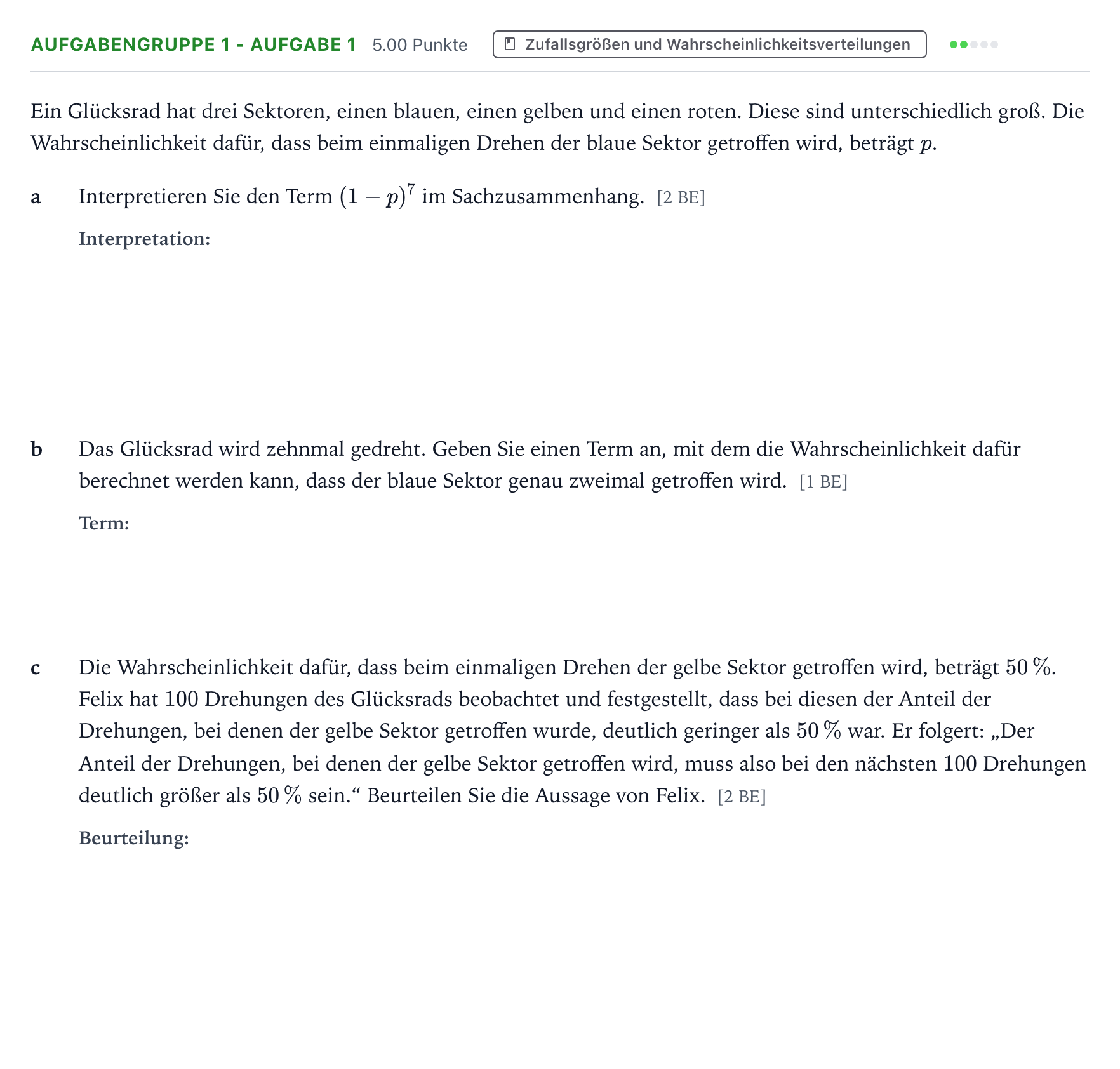 Aufgabenstellung: Aufgabengruppe 1 - Aufgabe 1 · Abitur NRW Mathematik LK · Teil A · Stochastik 2017
