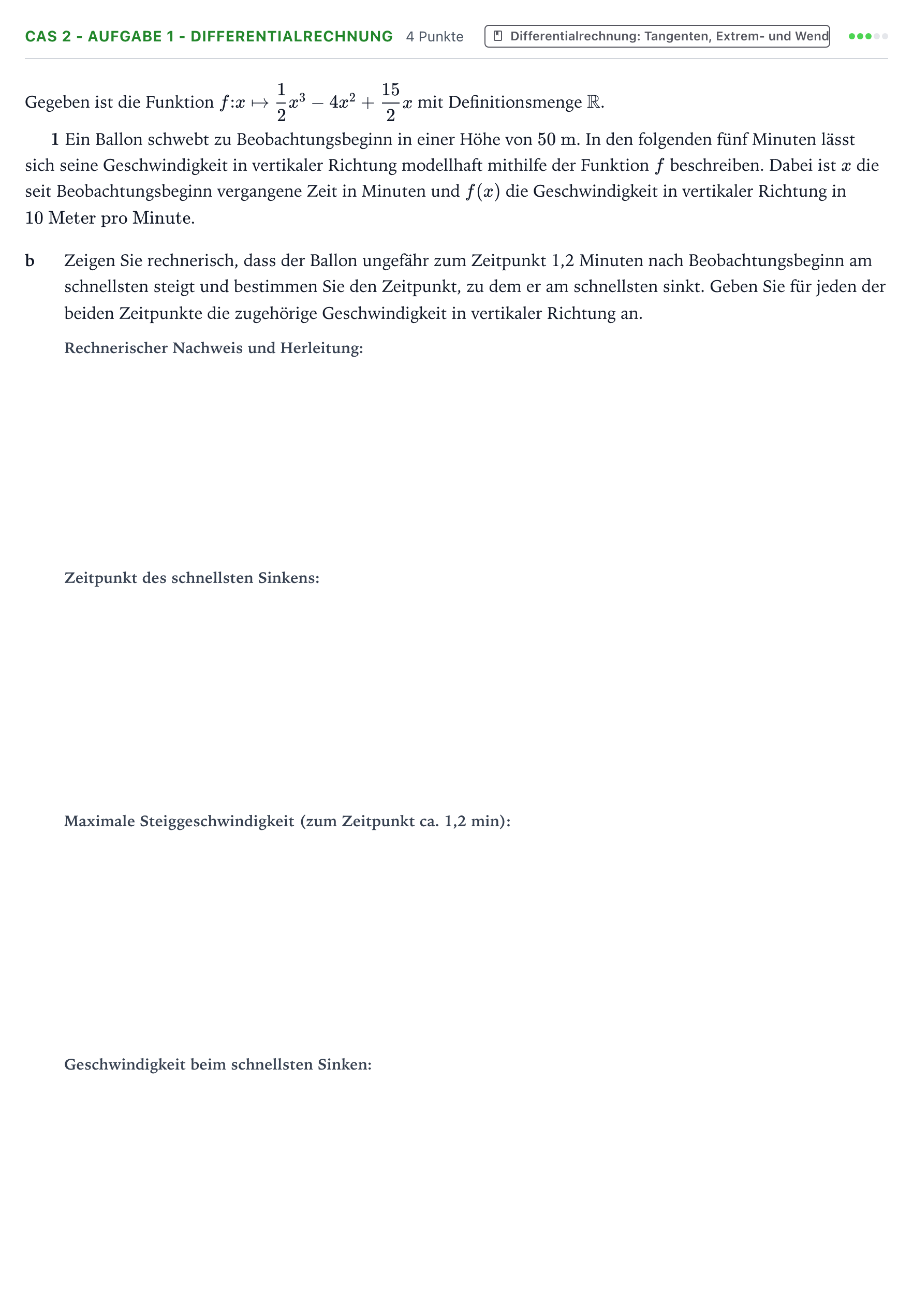 Aufgabenstellung: Aufgabe CAS 2 - Aufgabe 1 - Differentialrechnung · Abitur NRW Mathematik GK · Teil B · Analysis (CAS) 2018