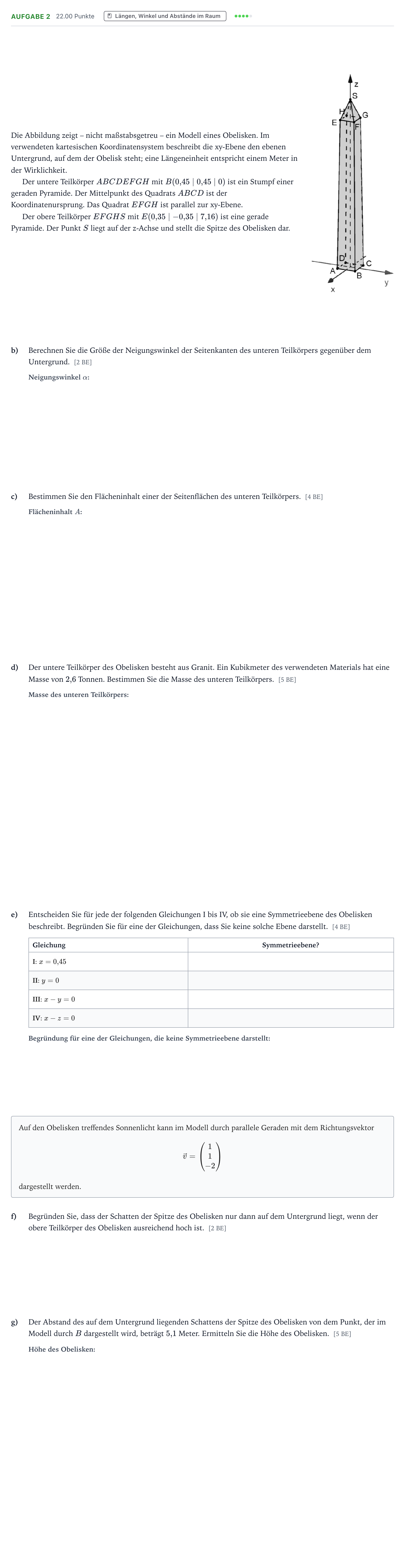 Aufgabenstellung: Aufgabe 2 - Längen, Winkel und Abstände · Abitur NRW Mathematik LK · Teil B · Analytische Geometrie (CAS 2018
