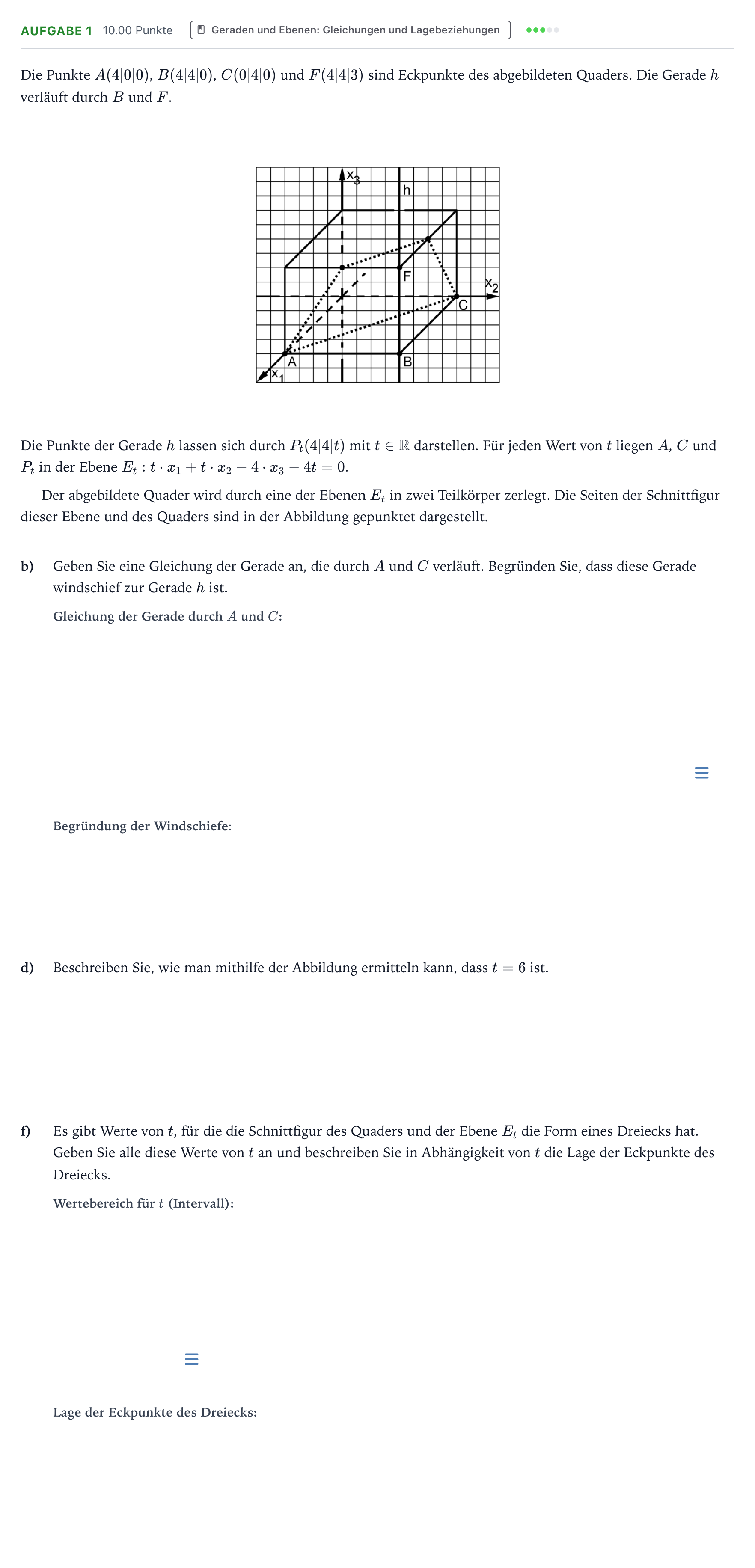 Aufgabenstellung: Aufgabe 1 - Geraden und Ebenen: Gleichungen und L… · Abitur NRW Mathematik LK · Teil B · Analytische Geometrie (WTR 2018