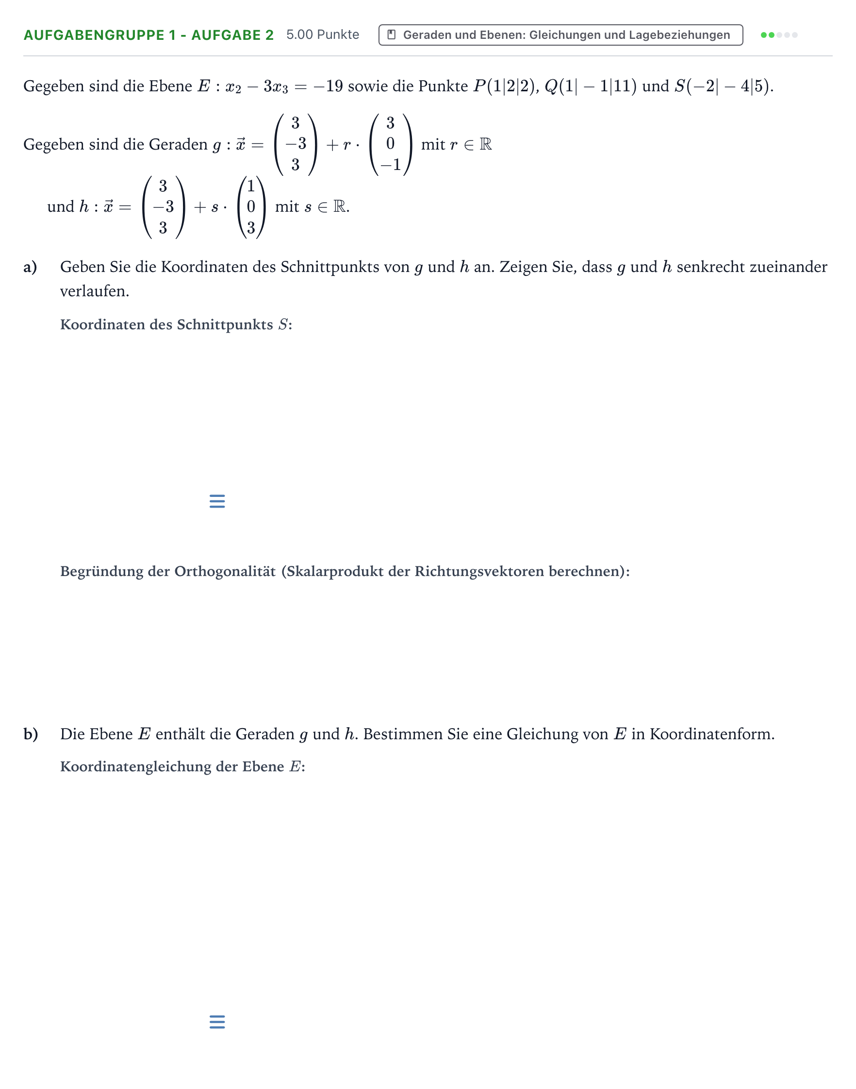 Aufgabenstellung: Aufgabengruppe 1 - Aufgabe 2 · Abitur NRW Mathematik LK · Teil A · Analytische Geometrie 2018